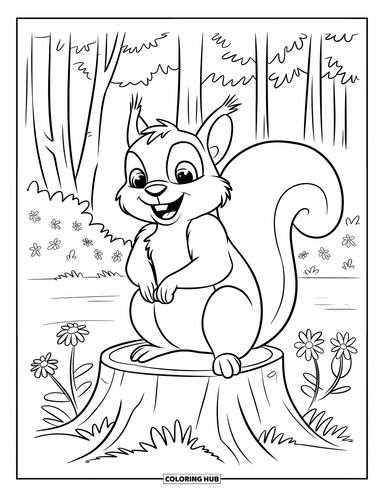 Dibujo de un bosque para colorear para niños: Una ardilla alegre sonríe mientras está sentada en un tocón entre flores y árboles altos