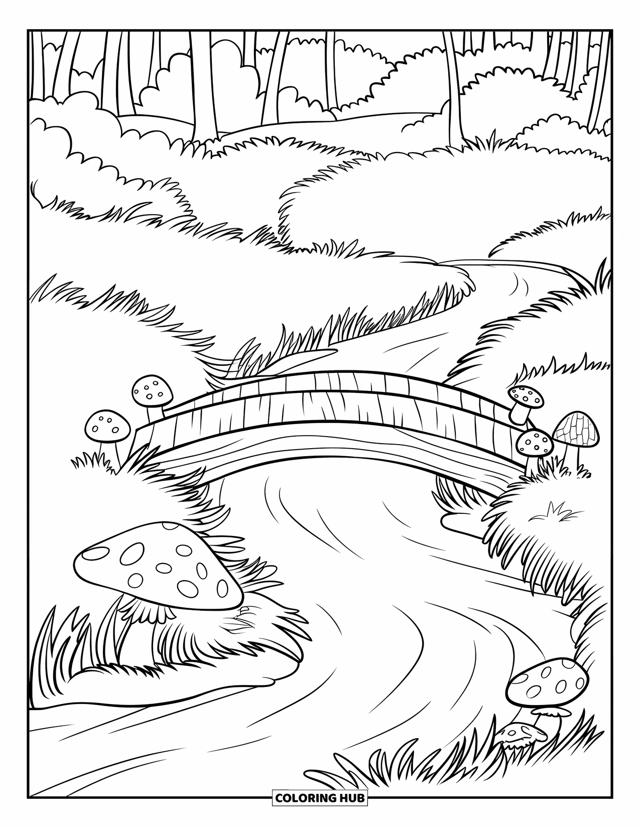 Dibujo de un bosque para colorear para niños: Un puente de tronco cruza un arroyo forestal con setas y hierba suave
