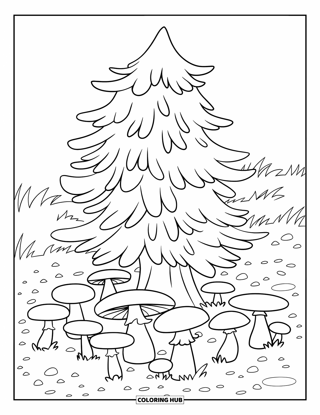 Dibujo de un bosque para colorear para niños: Un pino está rodeado de setas redondas y guijarros dispersos en la hierba