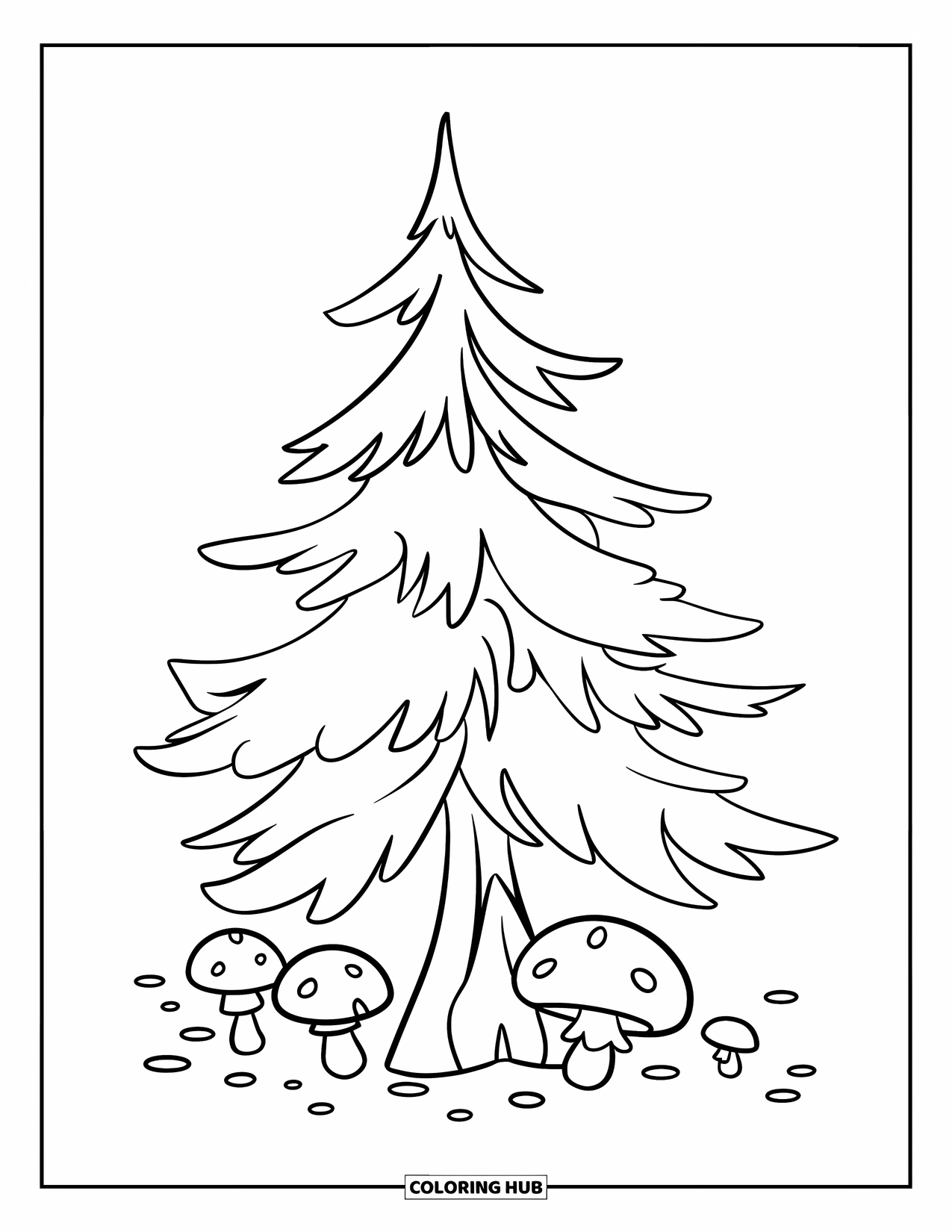 Dibujo de un bosque para colorear para niños: Un pino con agujas se eleva por encima de setas y pequeños guijarros