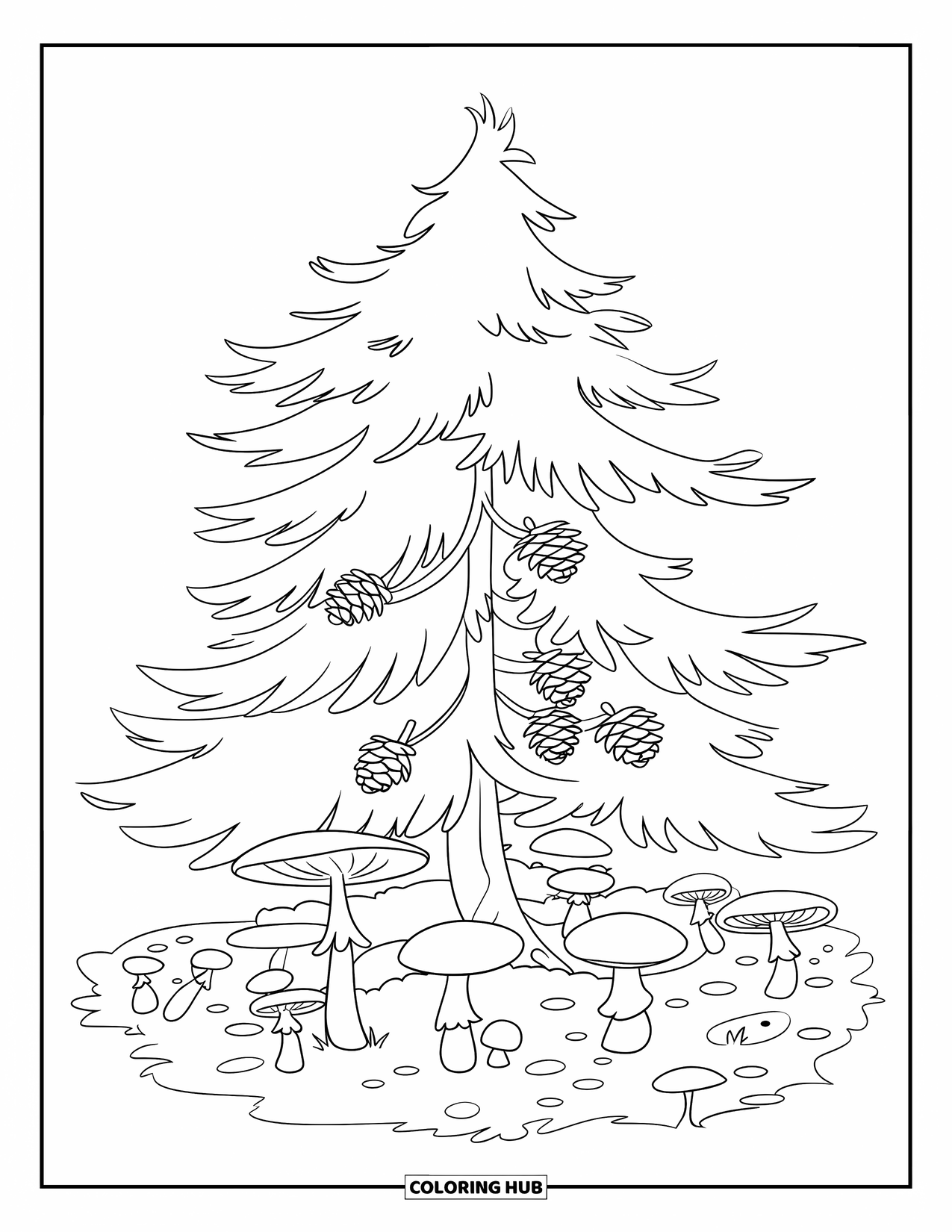 Dibujo de un bosque para colorear para niños: Un pino con piñas está rodeado de setas y guijarros en el suelo