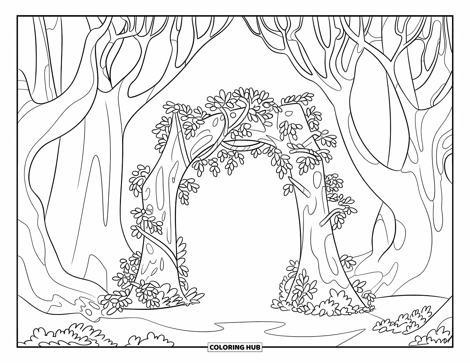 Dibujo de un bosque para colorear para niños: Un arco de enredaderas tranquilo se encuentra rodeado de árboles y hojas caídas