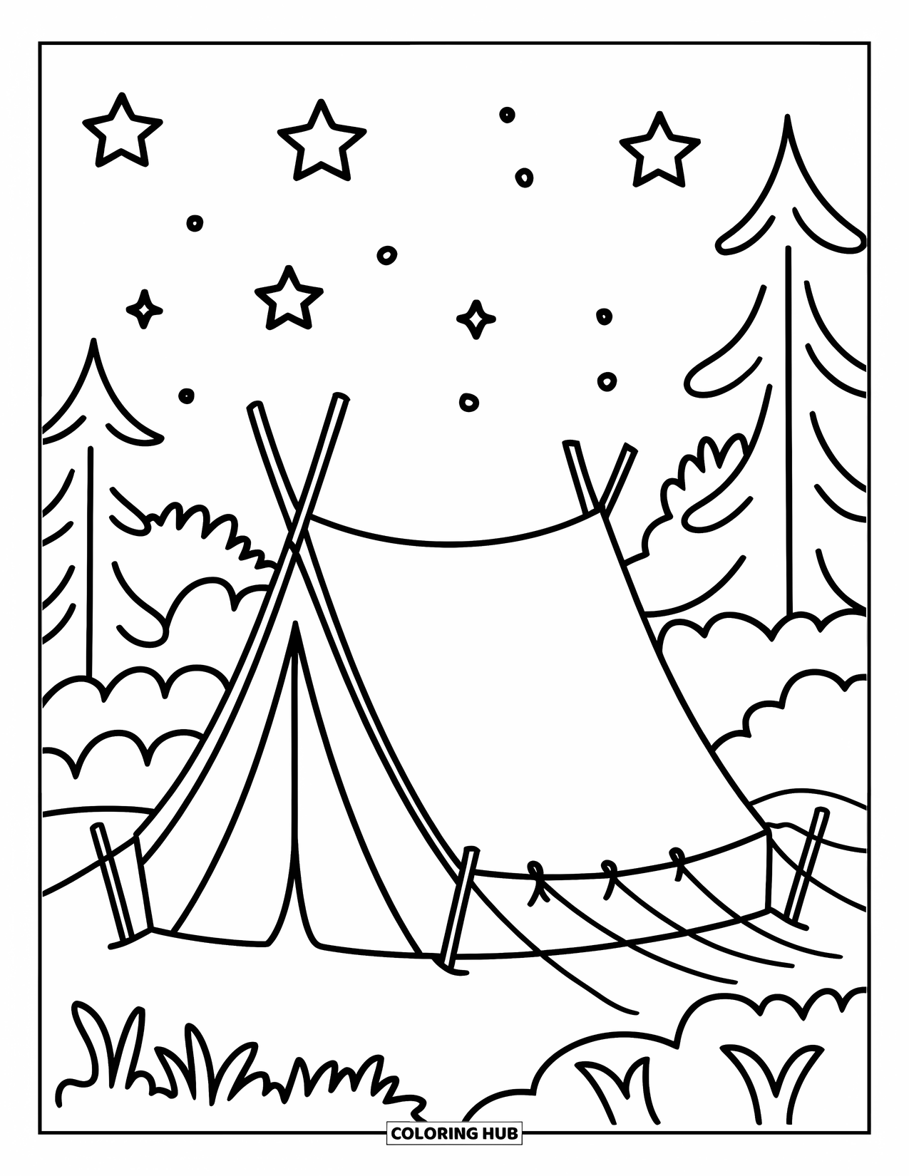 Dibujo de un bosque para colorear para niños: Una tienda de campaña sencilla se encuentra en el bosque con estrellas brillando arriba