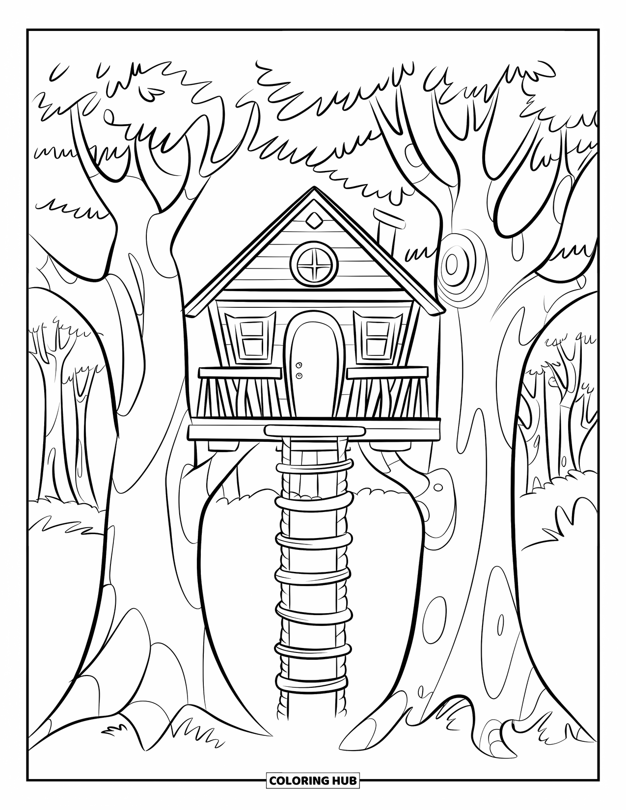 Dibujo de un bosque para colorear para niños: Una casa del árbol sencilla con una escalera de cuerda descansa entre dos árboles altos