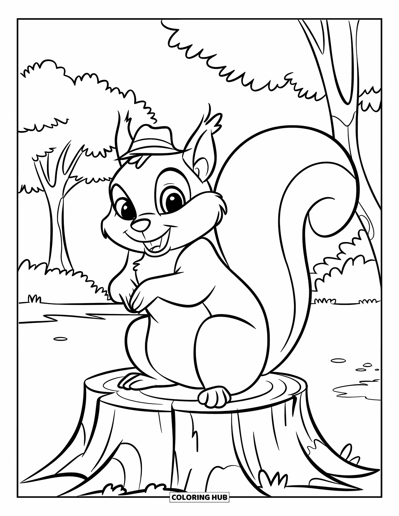 Dibujo de un bosque para colorear para niños: Una ardilla con un sombrero diminuto sonríe en un tocón en un bosque soleado