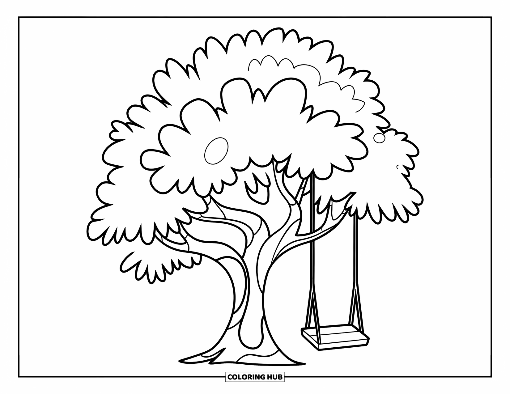 Dibujo de un bosque para colorear para niños: Un columpio cuelga de un árbol con hojas grandes y una mirada juguetona