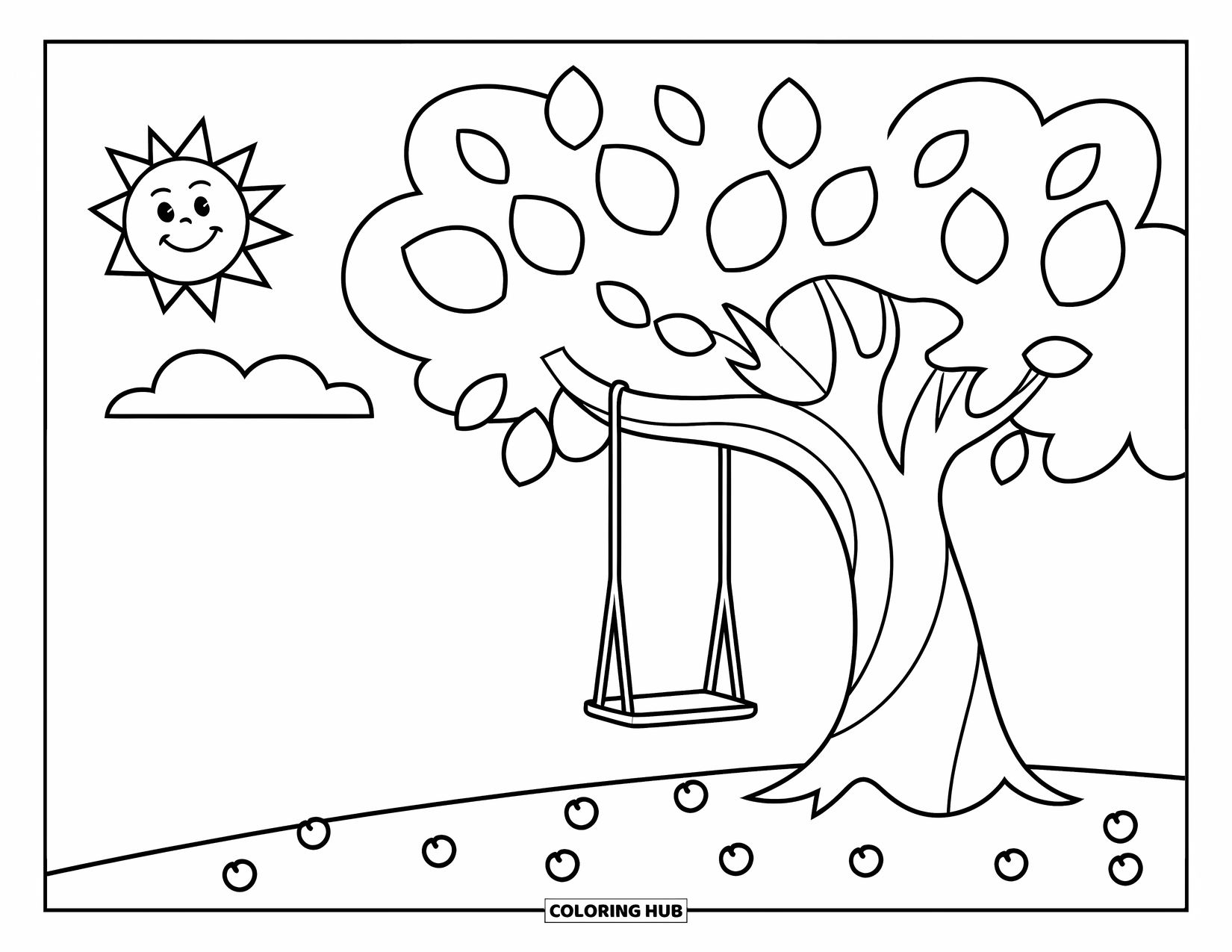 Dibujo de un bosque para colorear para niños: Un columpio se balancea de un árbol frondoso con manzanas o bolas en el suelo