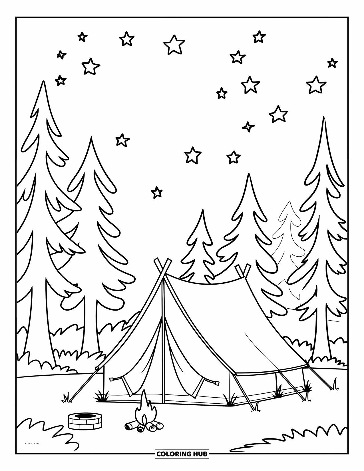 Dibujo de un bosque para colorear para niños: Una tienda de campaña brilla bajo las estrellas, rodeada de árboles en el bosque