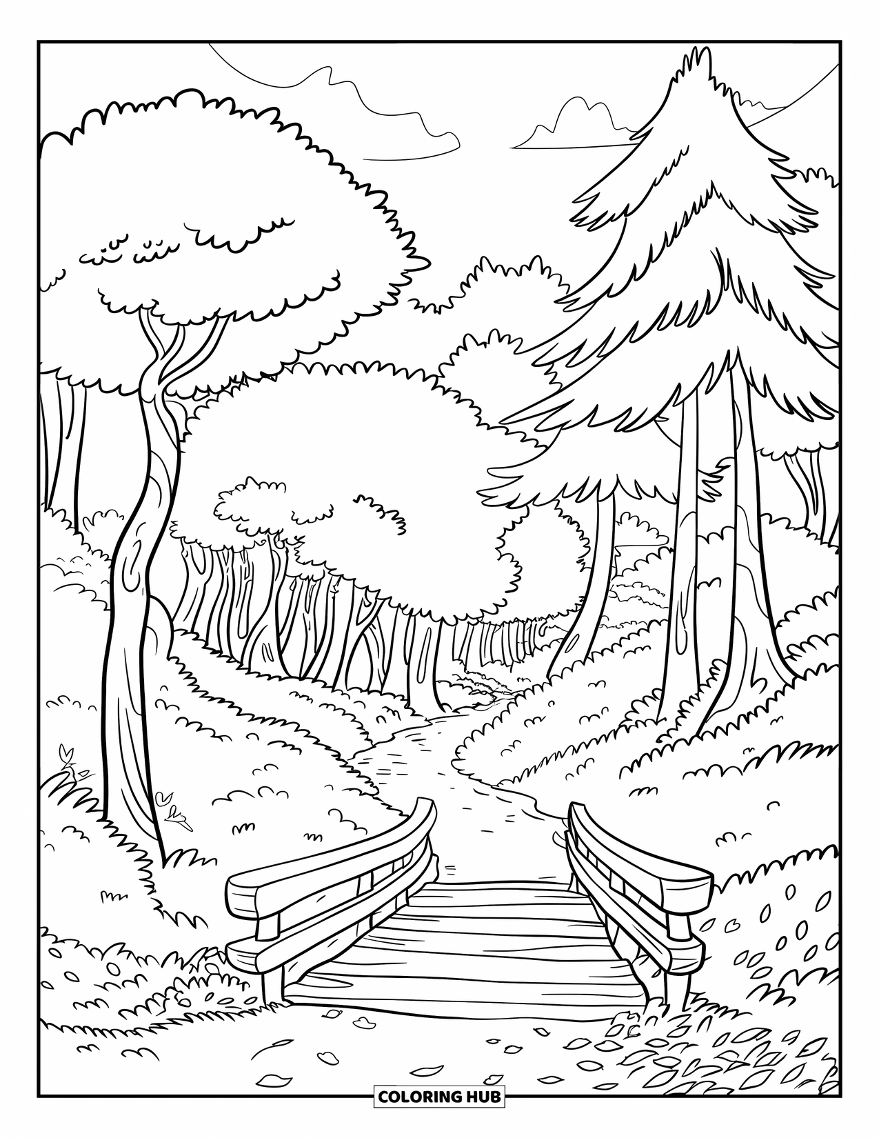 Dibujo de un bosque para colorear para niños: Un sendero con un puente de madera serpentea a través de un bosque tranquilo y lleno de árboles
