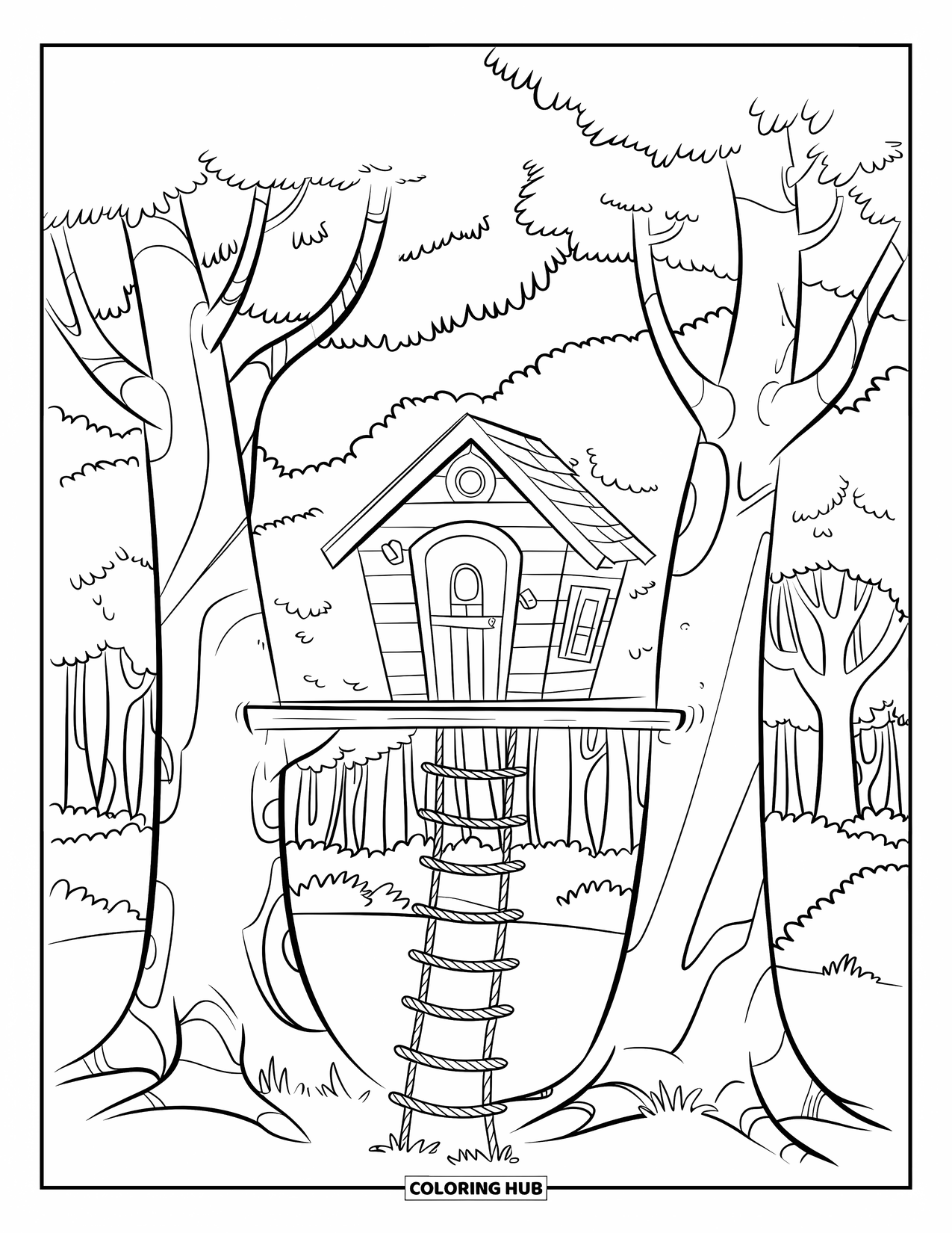 Dibujo de un bosque para colorear para niños: Una casa del árbol con una escalera de cuerda se encuentra cómodamente entre dos árboles del bosque