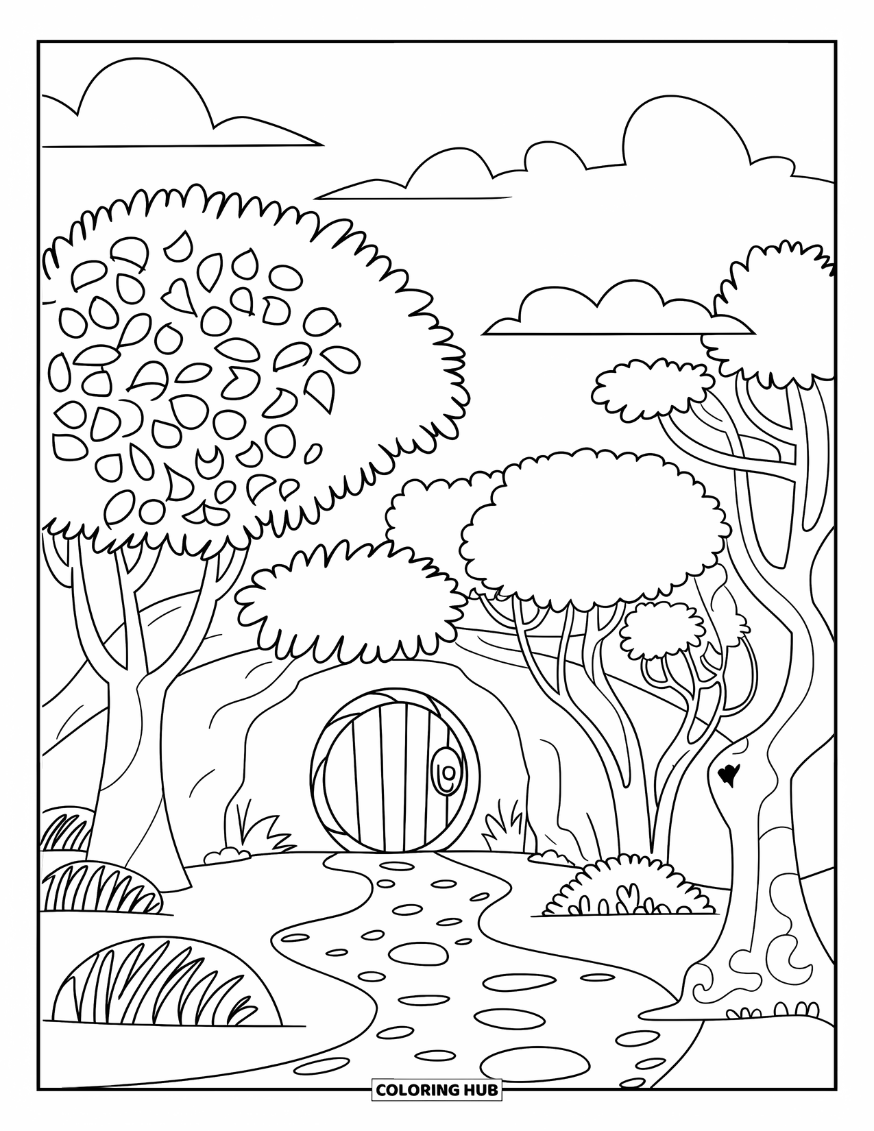 Dibujo de un bosque para colorear para niños: Un sendero sinuoso conduce a una cueva escondida debajo de árboles de hojas espirales