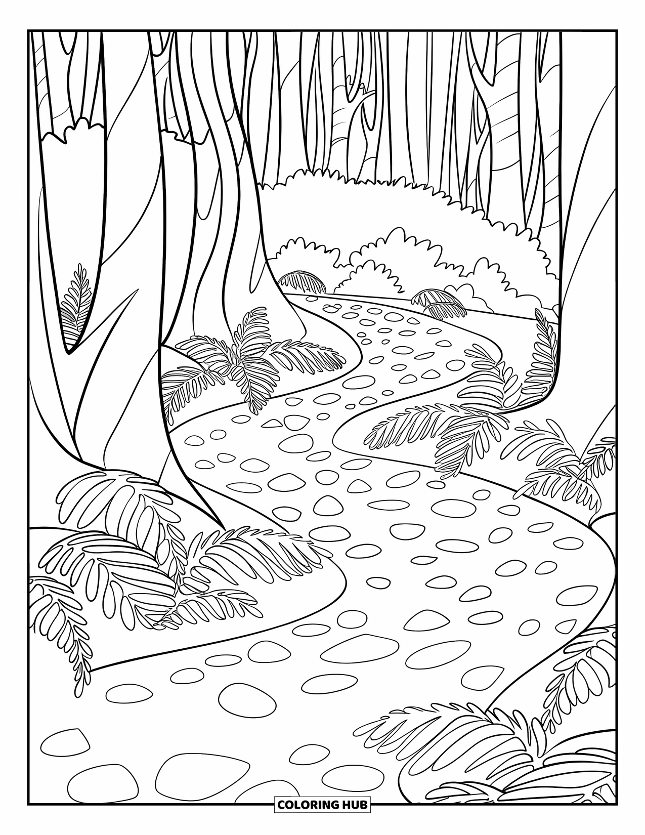 Dibujo de un bosque para colorear para niños: Un sendero sinuoso corre a través de árboles altos, helechos y guijarros dispersos