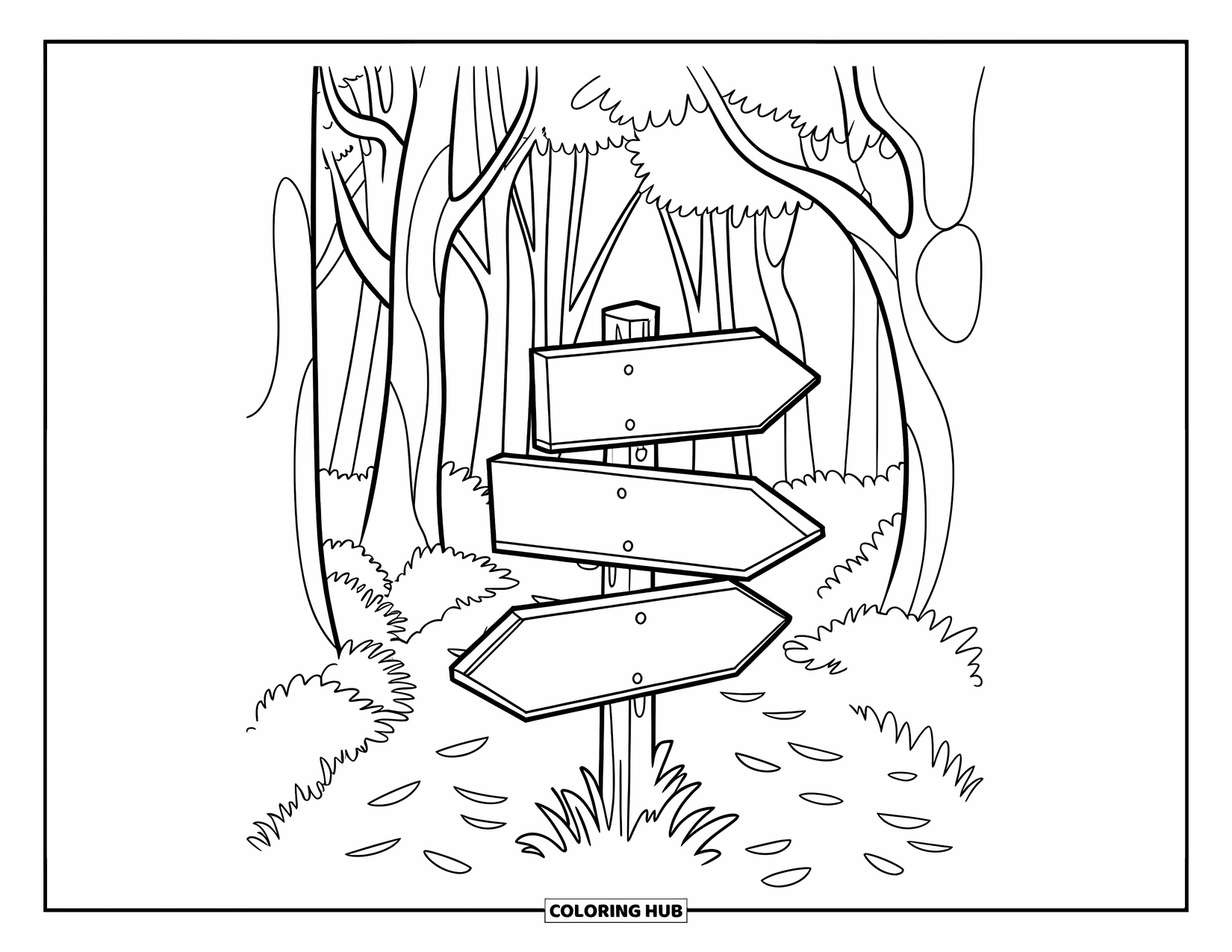 Dibujo de un bosque para colorear para niños: Un poste indicador de madera apunta a tres senderos en lo profundo del bosque