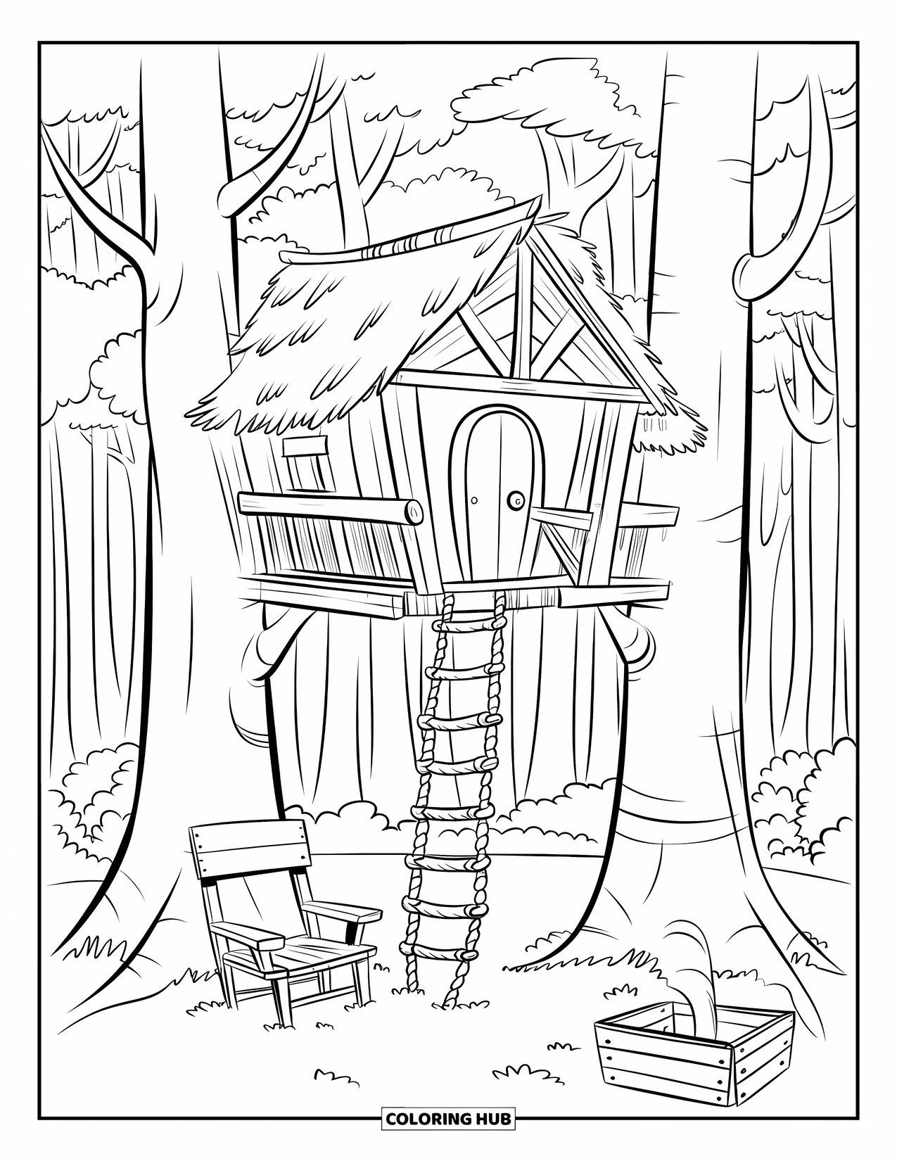 Dibujo de un bosque para colorear para niños: Una casa del árbol de madera con un techo de paja se encuentra en un bosque denso