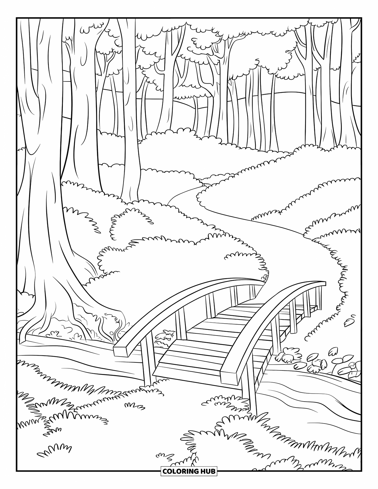 Dibujo de un bosque para colorear para niños: Un puente arqueado y un sendero sinuoso cruzan a través de bosques densos y colinas abiertas