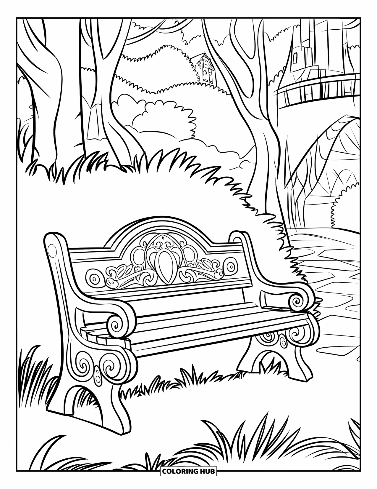 Dibujo de un bosque para colorear para niños: Un banco con animales tallados se encuentra cerca de un puente y un castillo distante