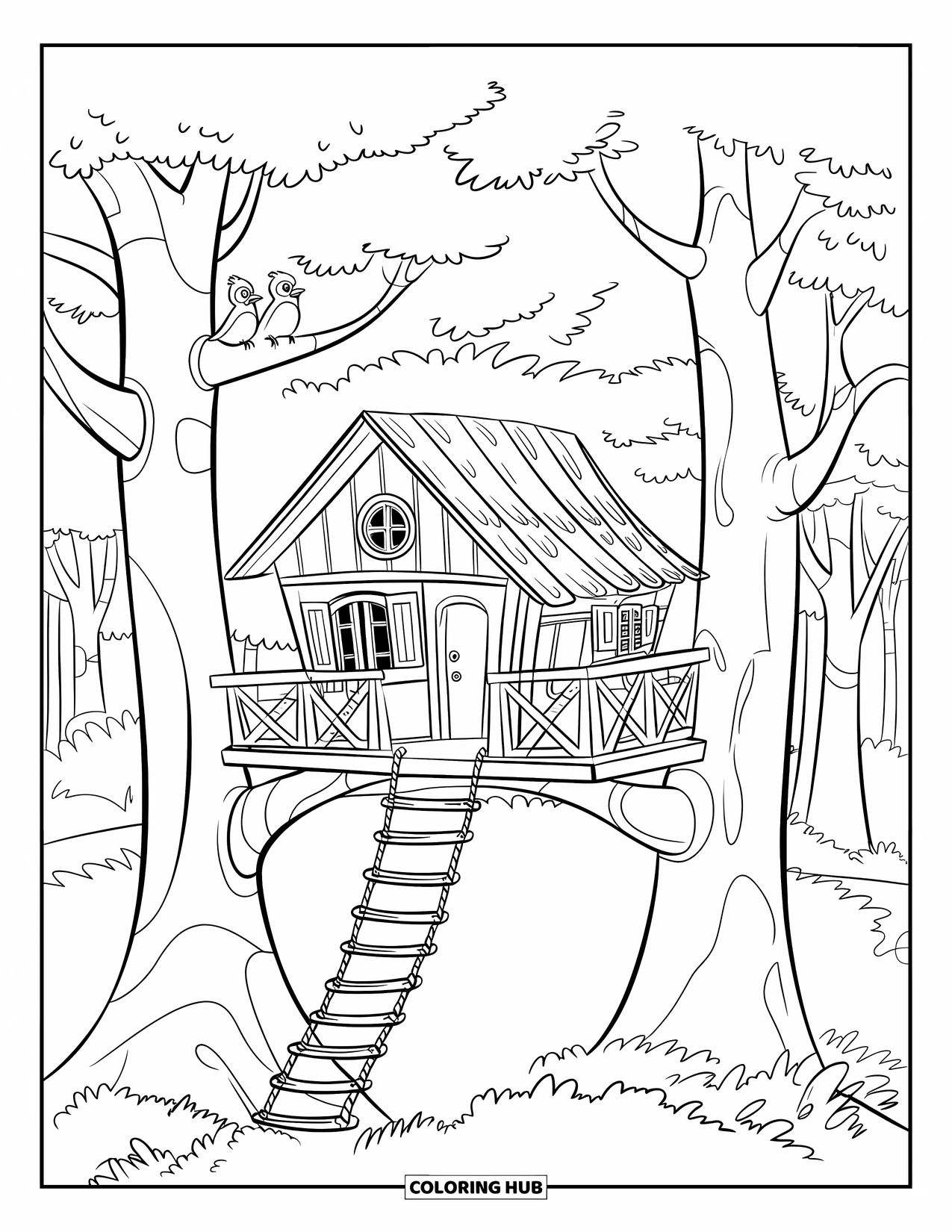 Dibujo de un bosque para colorear para niños: Pájaros se posan sobre una casa del árbol con escalera de cuerda ubicada en la vegetación