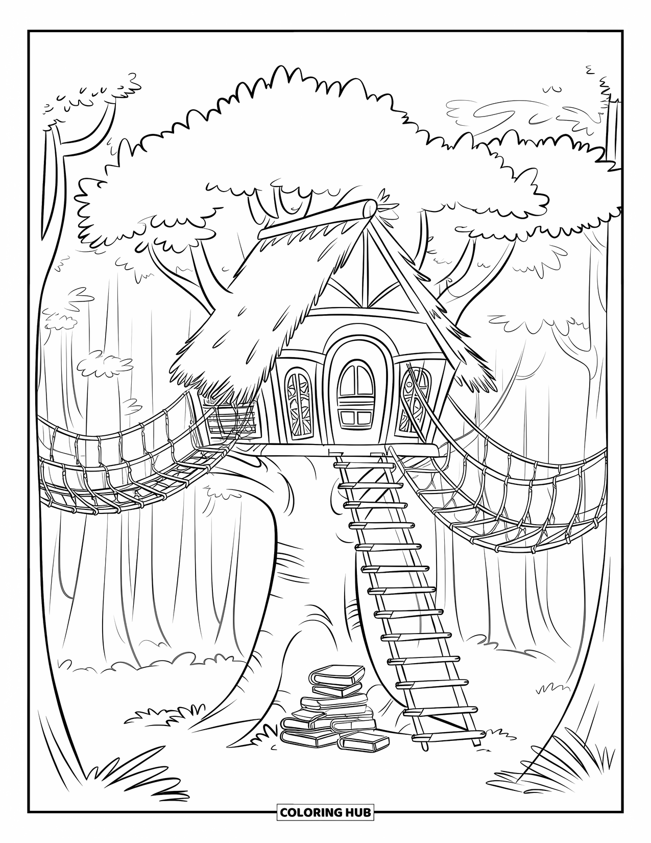 Dibujo de un bosque para colorear para niños: Libros y una escalera conducen a una acogedora casa del árbol biblioteca en el bosque