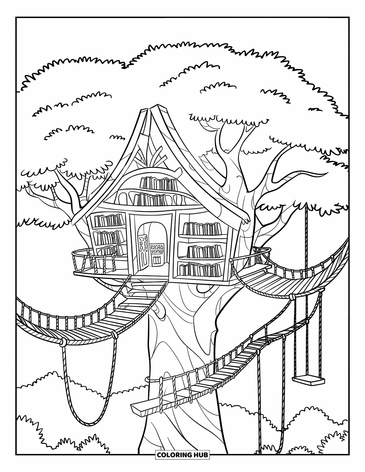 Dibujo de un bosque para colorear para niños: Estanterías y puentes conectan los niveles de la casa del árbol en un bosque tranquilo