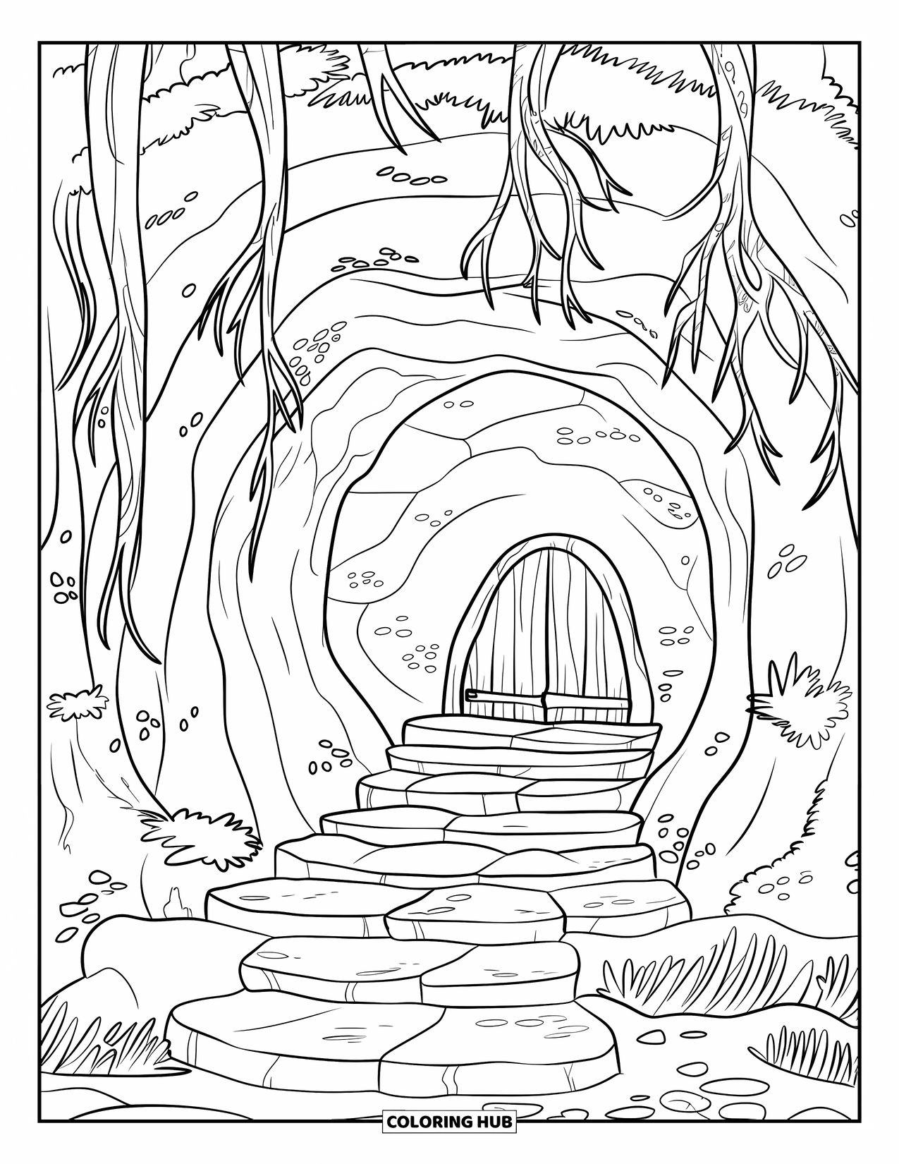 Dibujo de un bosque para colorear para niños: La entrada de una cueva con raíces de árboles y musgo conduce a un túnel forestal misterioso