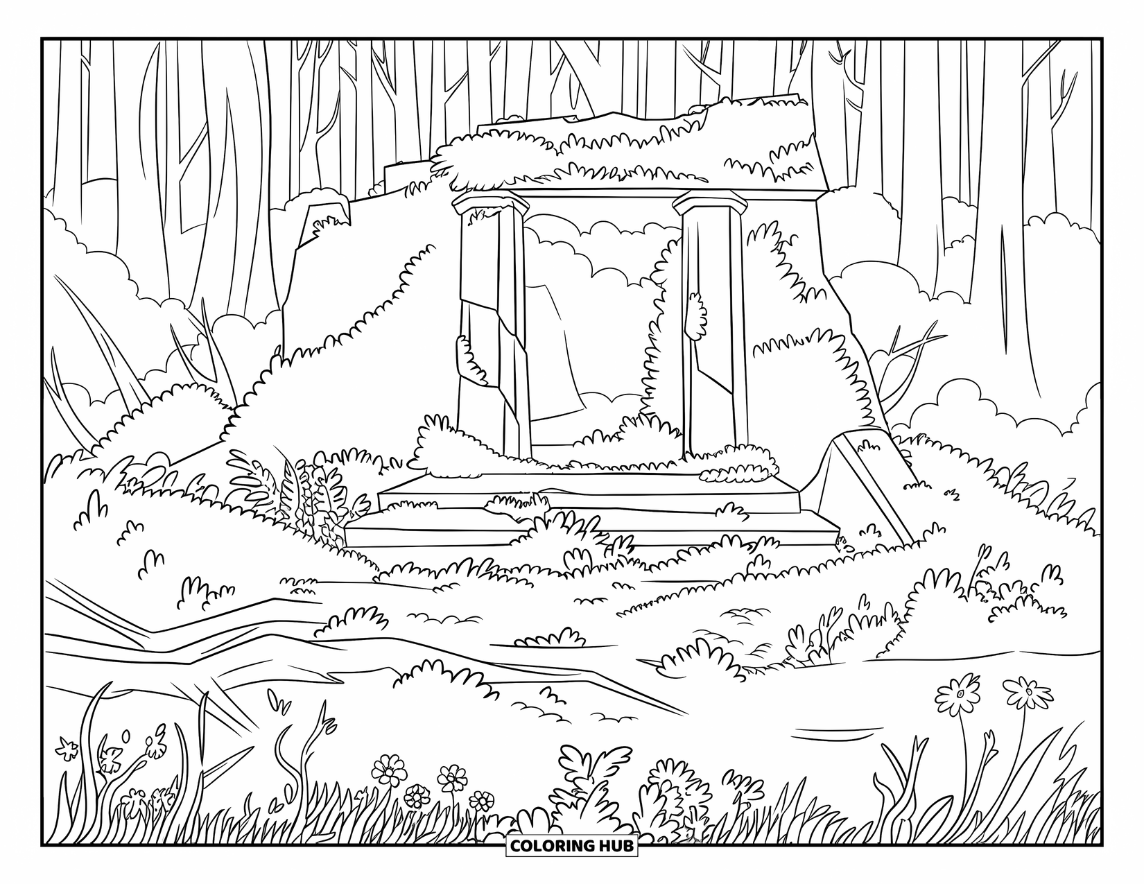 Dibujo de un bosque para colorear para niños: Ruinas forestales con árboles altos y suelo cubierto de musgo crean un lugar tranquilo y olvidado