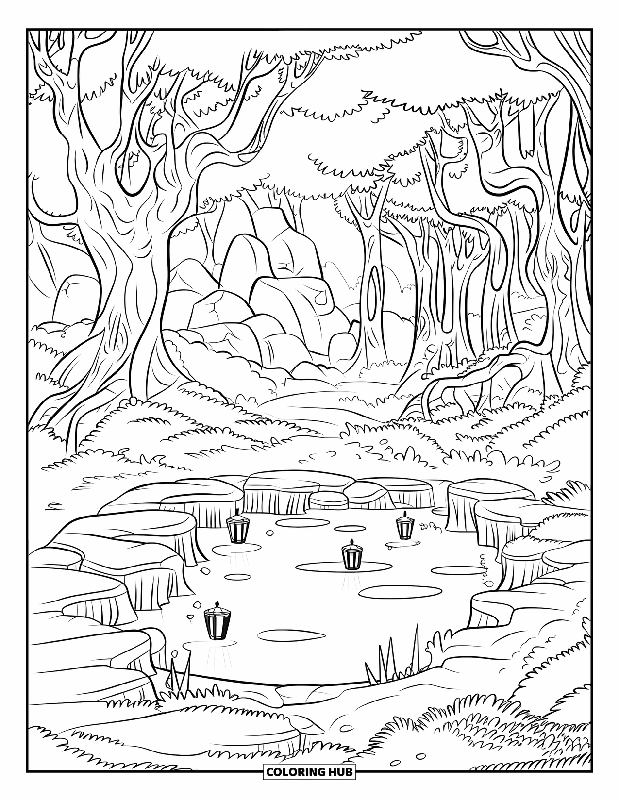 Dibujo de un bosque para colorear para niños: Un estanque brillante con faroles descansa en un claro cubierto de musgo cerca de colinas brumosas