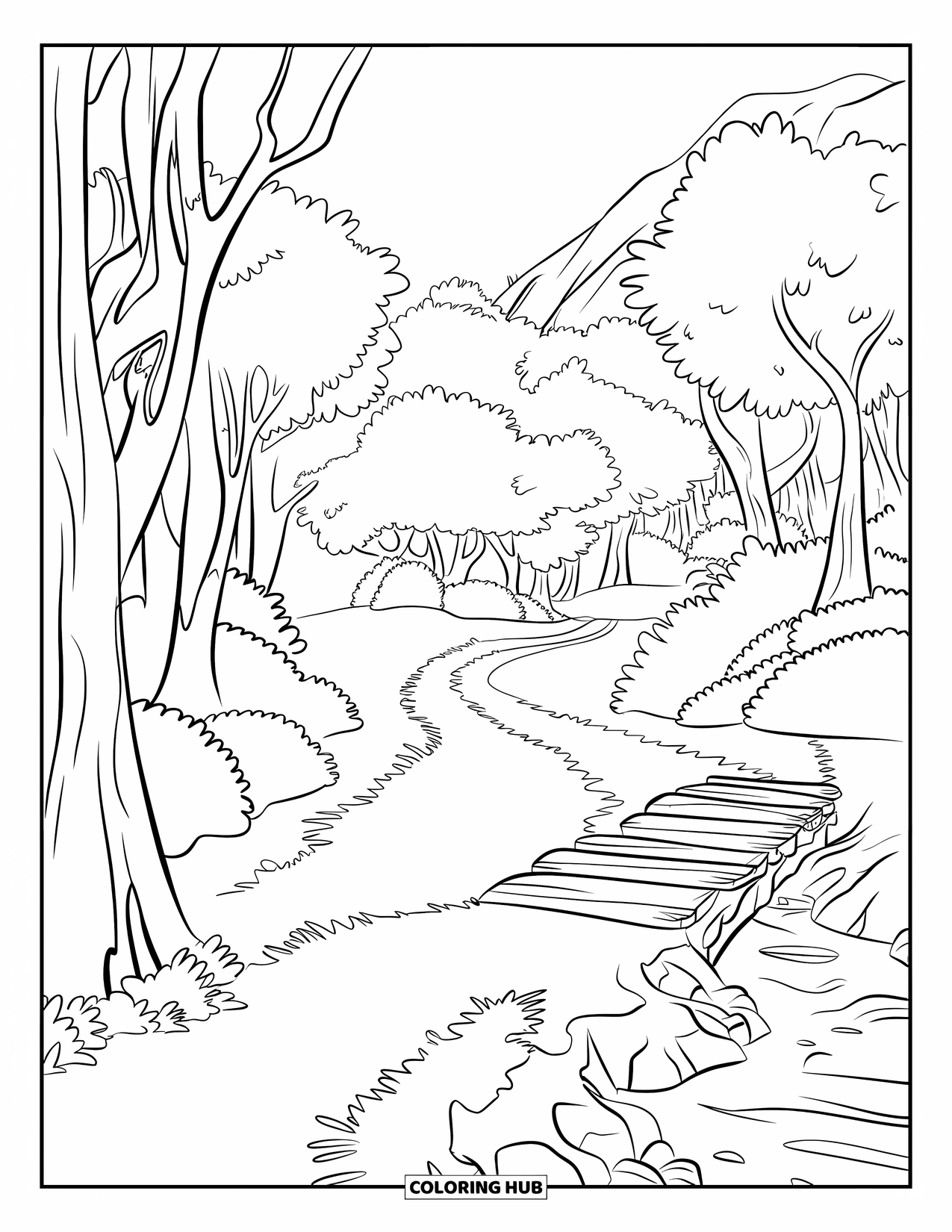 Dibujo de un bosque para colorear para niños: Un sendero de senderismo con un puente de madera serpentea a través de árboles imponentes y vistas a la montaña