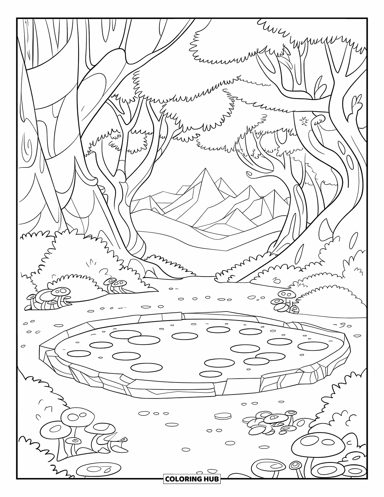 Dibujo de un bosque para colorear para niños: Nenúfares flotan en un estanque brillante rodeado de árboles retorcidos antiguos