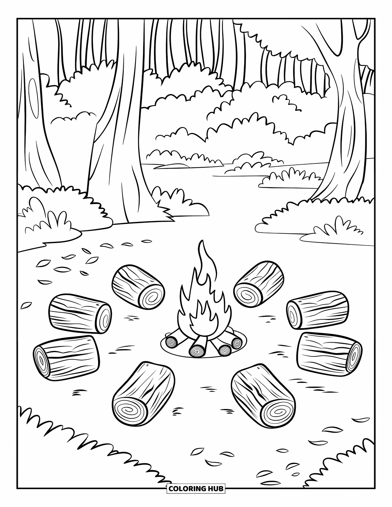 Dibujo de un bosque para colorear para niños: Troncos rodean una fogata en un claro del bosque cubierto de hojas caídas