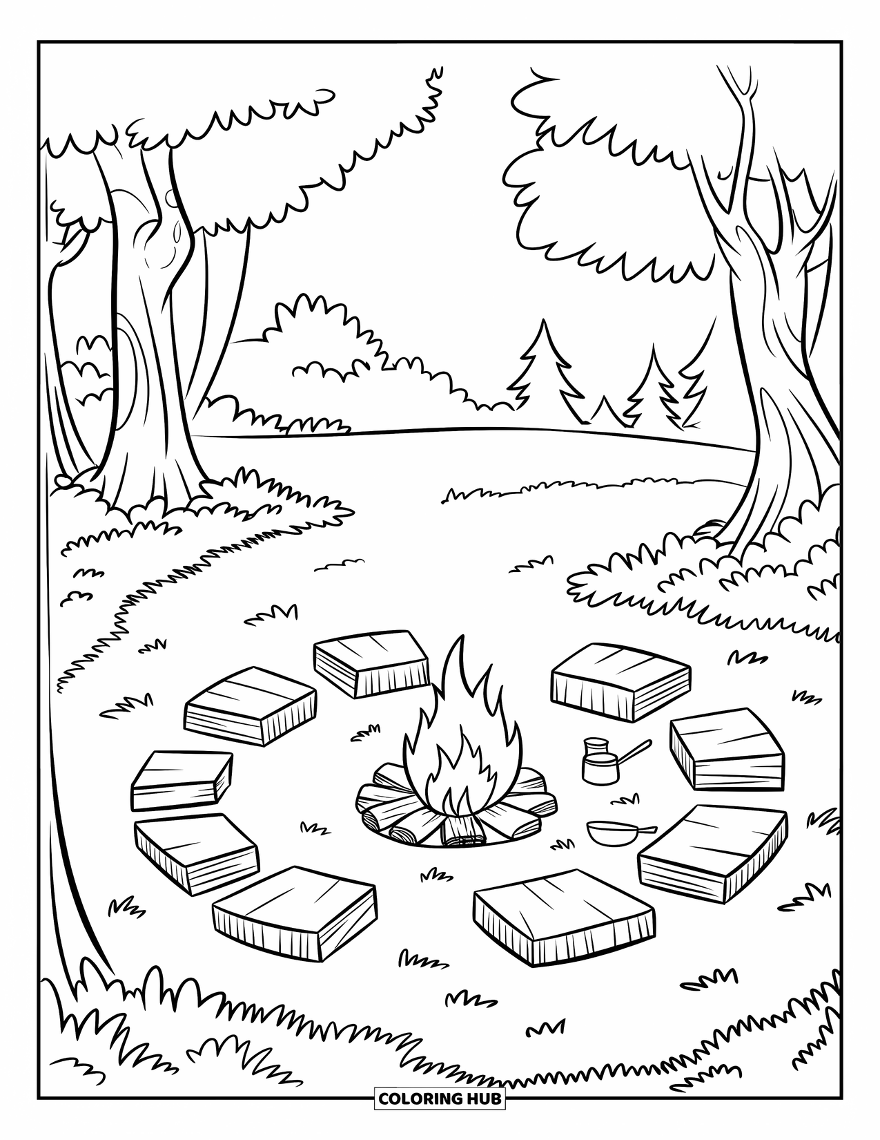 Dibujo de un bosque para colorear para niños: Troncos, árboles y utensilios de cocina rodean una fogata en un claro tranquilo del bosque