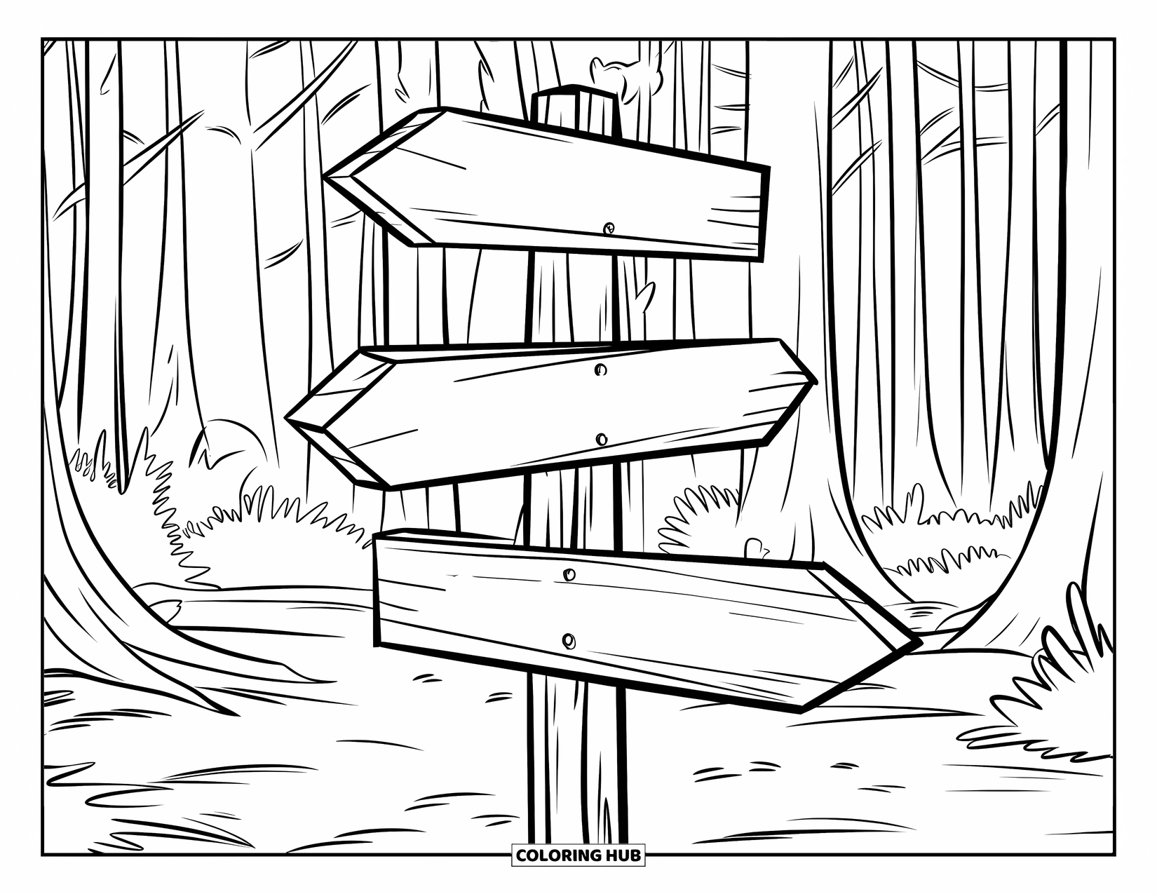 Dibujo de un bosque para colorear para niños: Un poste indicador en el bosque ofrece tres senderos nombrados a través de árboles altos