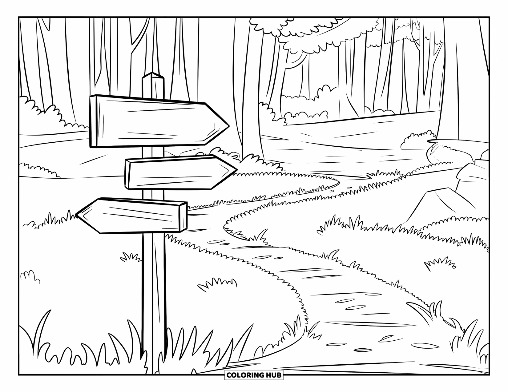 Dibujo de un bosque para colorear para niños: Un poste indicador se encuentra al inicio de tres senderos forestales frondosos