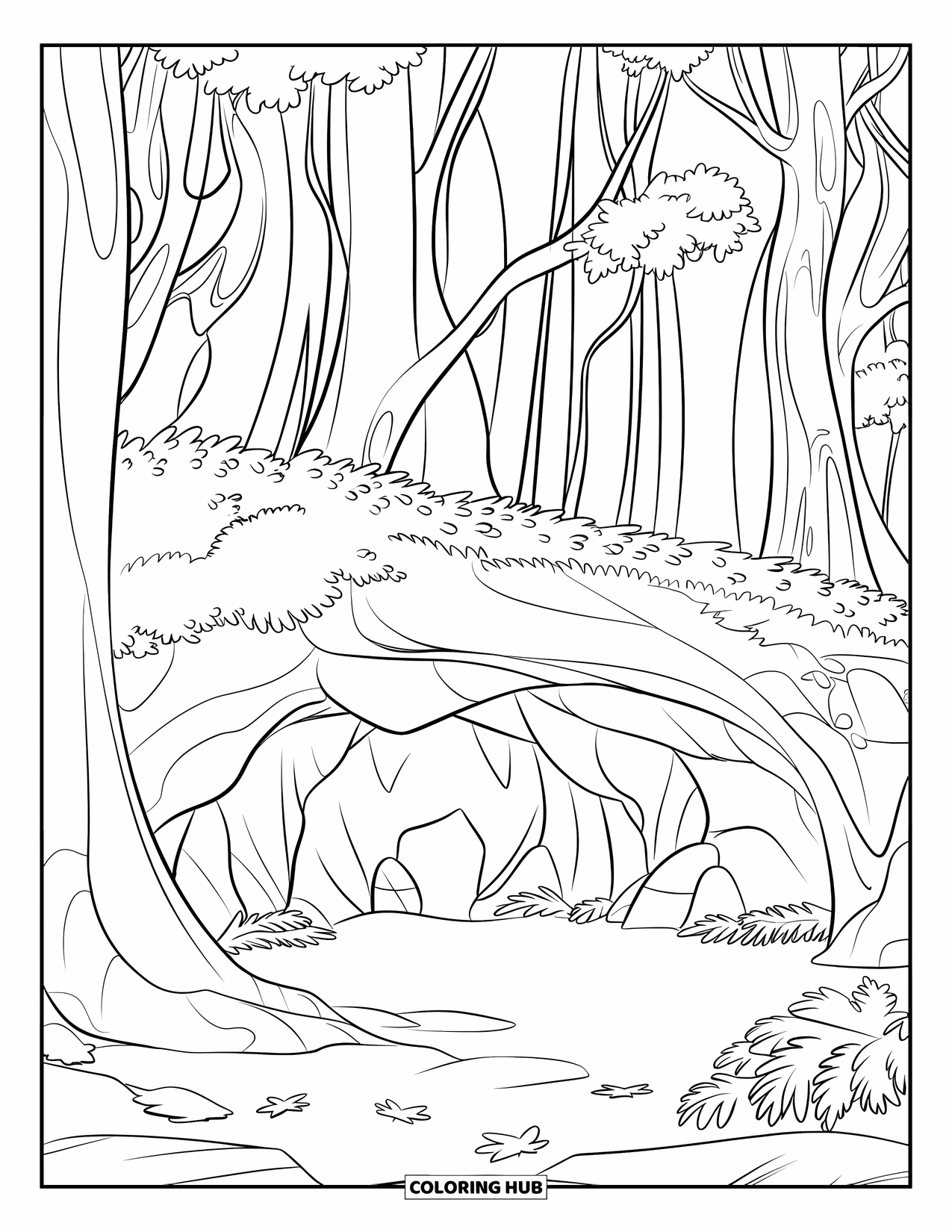 Dibujo de un bosque para colorear para niños: Árboles altos y hojas dispersas esconden una cueva debajo del dosel del bosque
