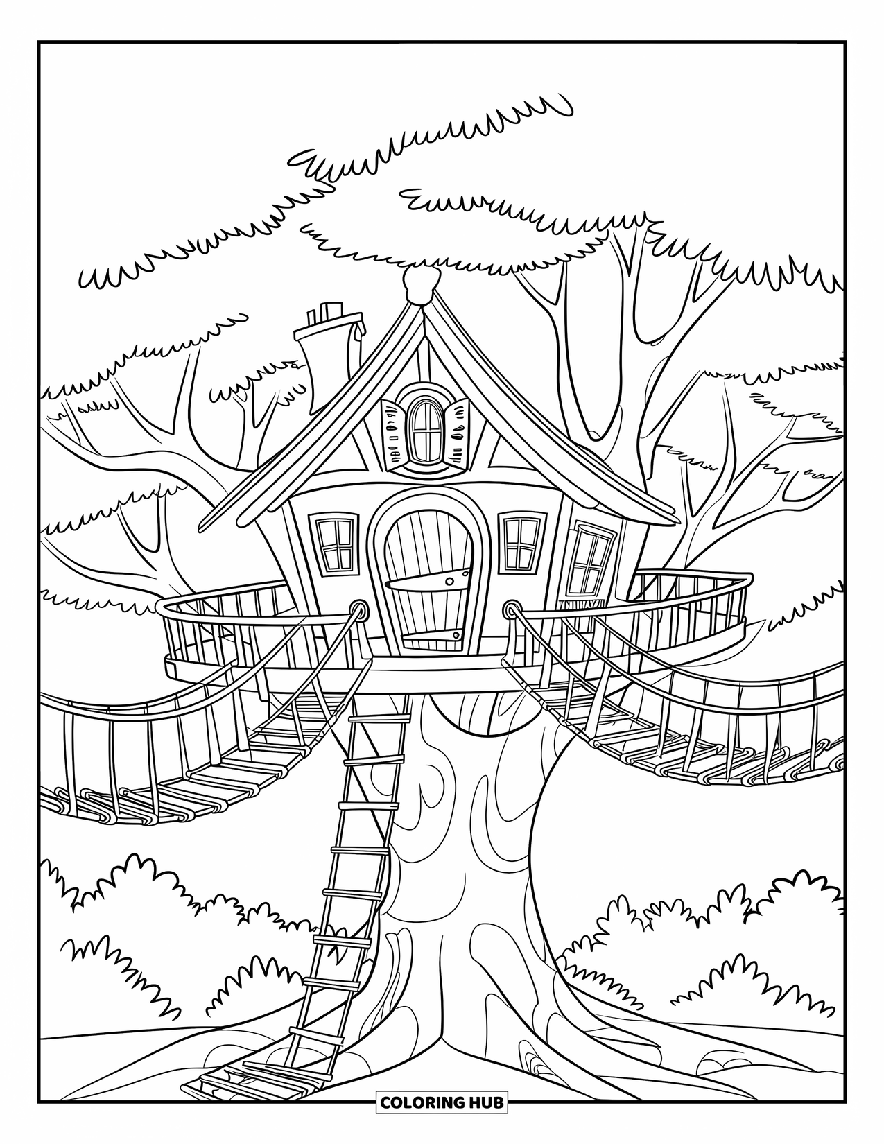 Dibujo de un bosque para colorear para niños: Una casa del árbol con una escalera y pasarelas se conecta con los árboles del bosque cercanos