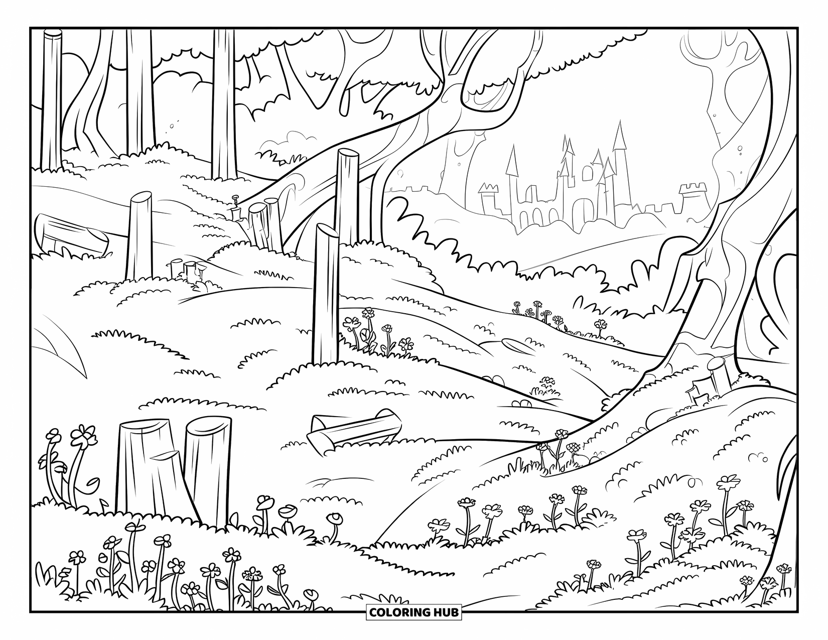 Dibujo de un bosque para colorear para niños: Árboles retorcidos y ruinas cubiertas de musgo insinúan un bosque mágico cerca de un castillo distante