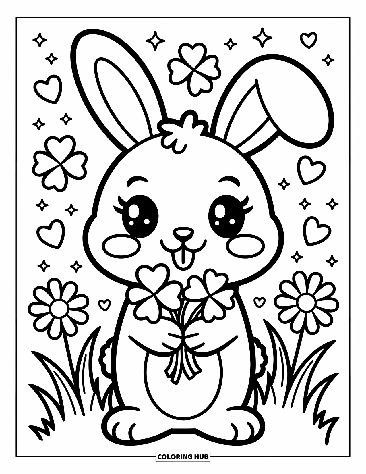 Klavertjevier Kleurplaat voor Volwassenen: Een konijntje met klavers omringd door harten en glitters