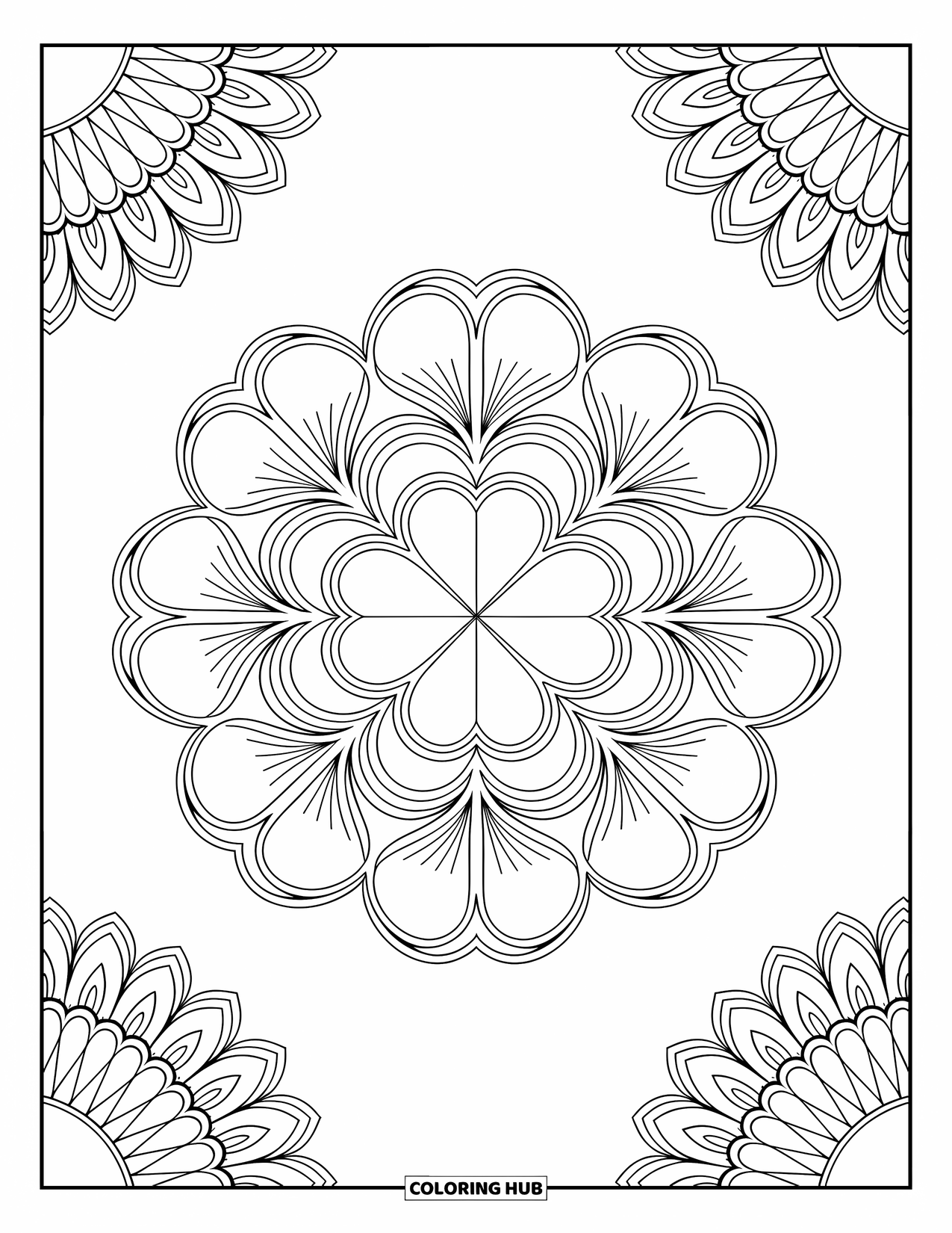 Klavertjevier Kleurplaat voor Volwassenen: Een klaver-gecentreerde mandala met ingewikkelde patronen