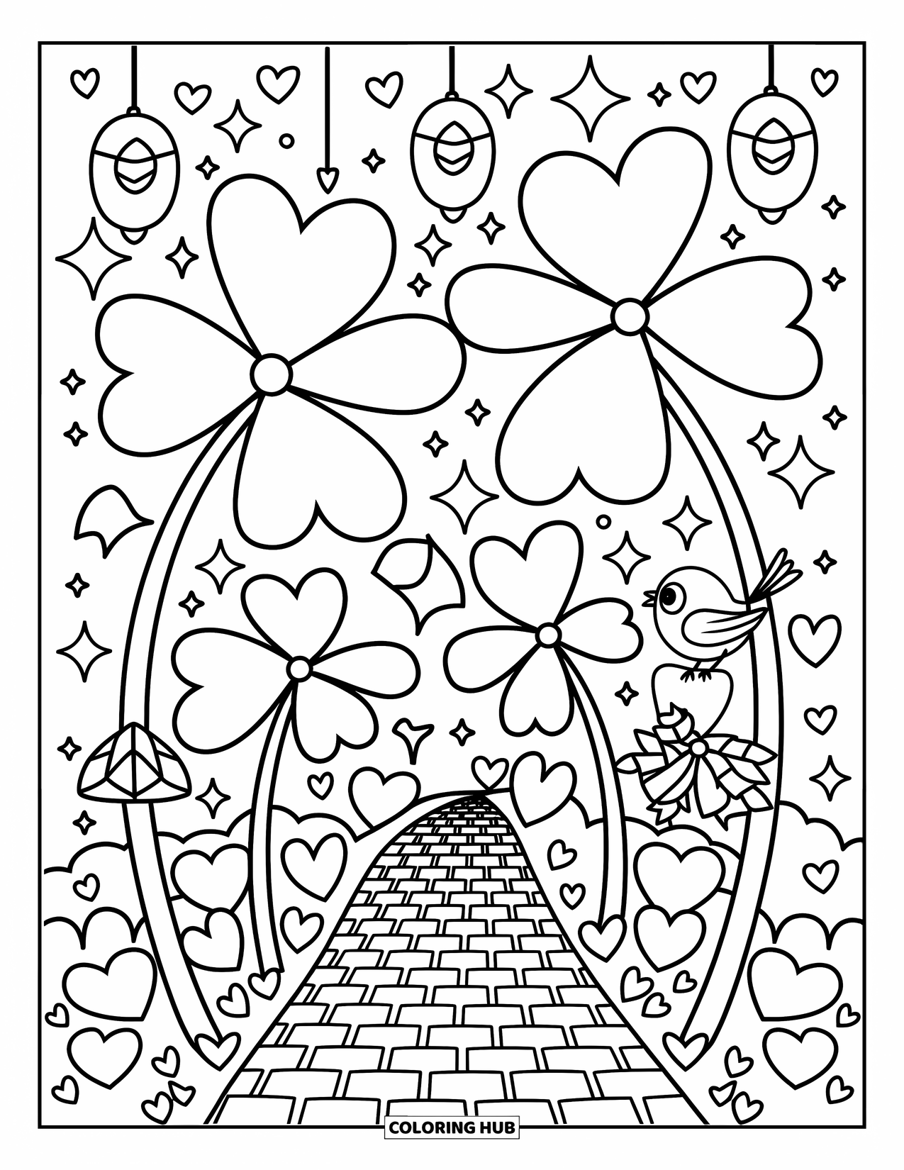 Klavertjevier Kleurplaat voor Volwassenen: Een klavertuin met lantaarns, harten, glitters en een vogel