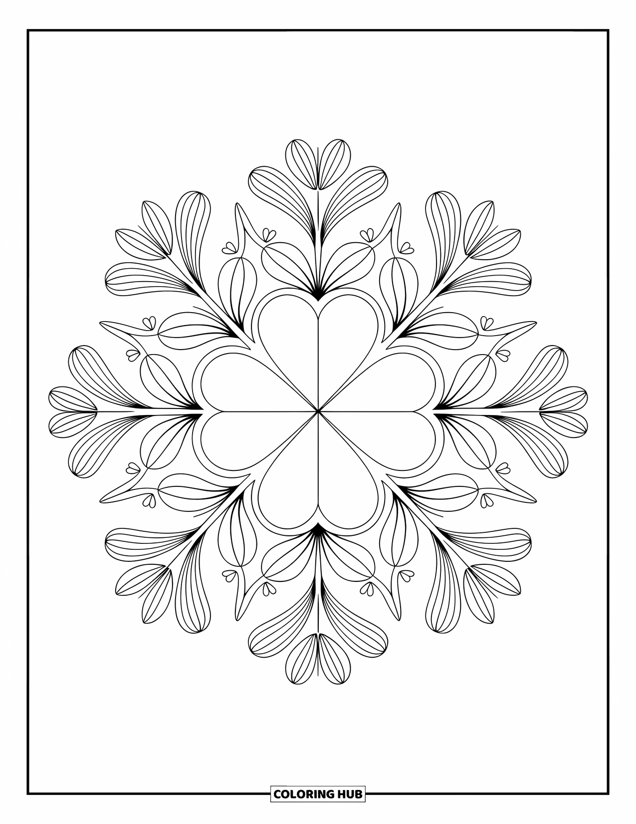Klavertjevier Kleurplaat voor Volwassenen: Een klaver mandala met bloemen- en geometrische patronen