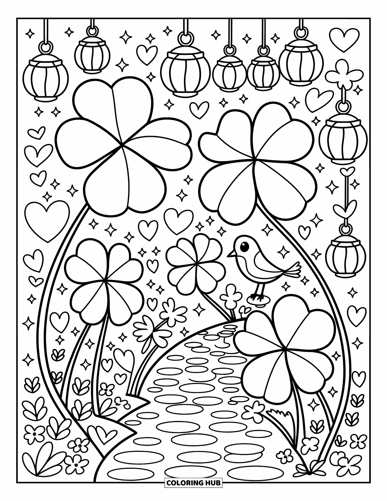 Klavertjevier Kleurplaat voor Volwassenen: Een tuin met klavers met lantaarns, harten en een vogel