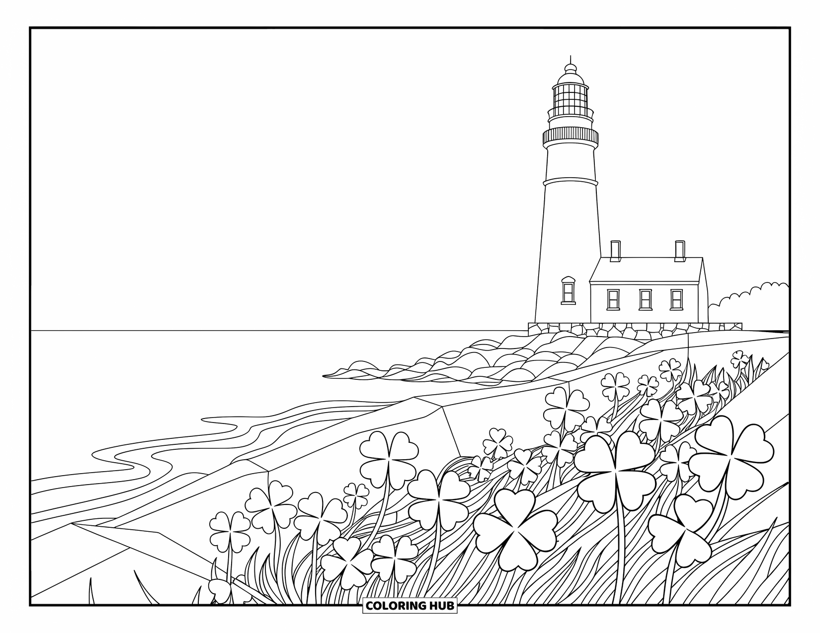 Klavertjevier Kleurplaat voor Volwassenen: Een vuurtoren met klavers en wervelende golven eromheen