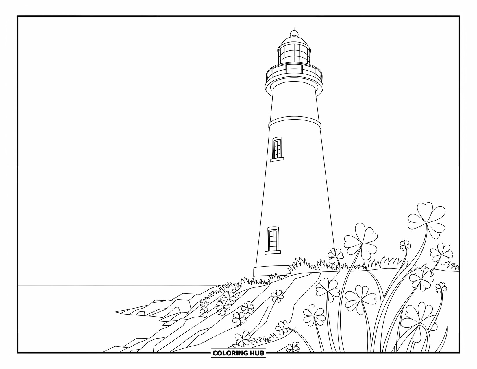 Klavertjevier Kleurplaat voor Volwassenen: Een vuurtoren met klavers aan de basis en ingewikkelde patronen