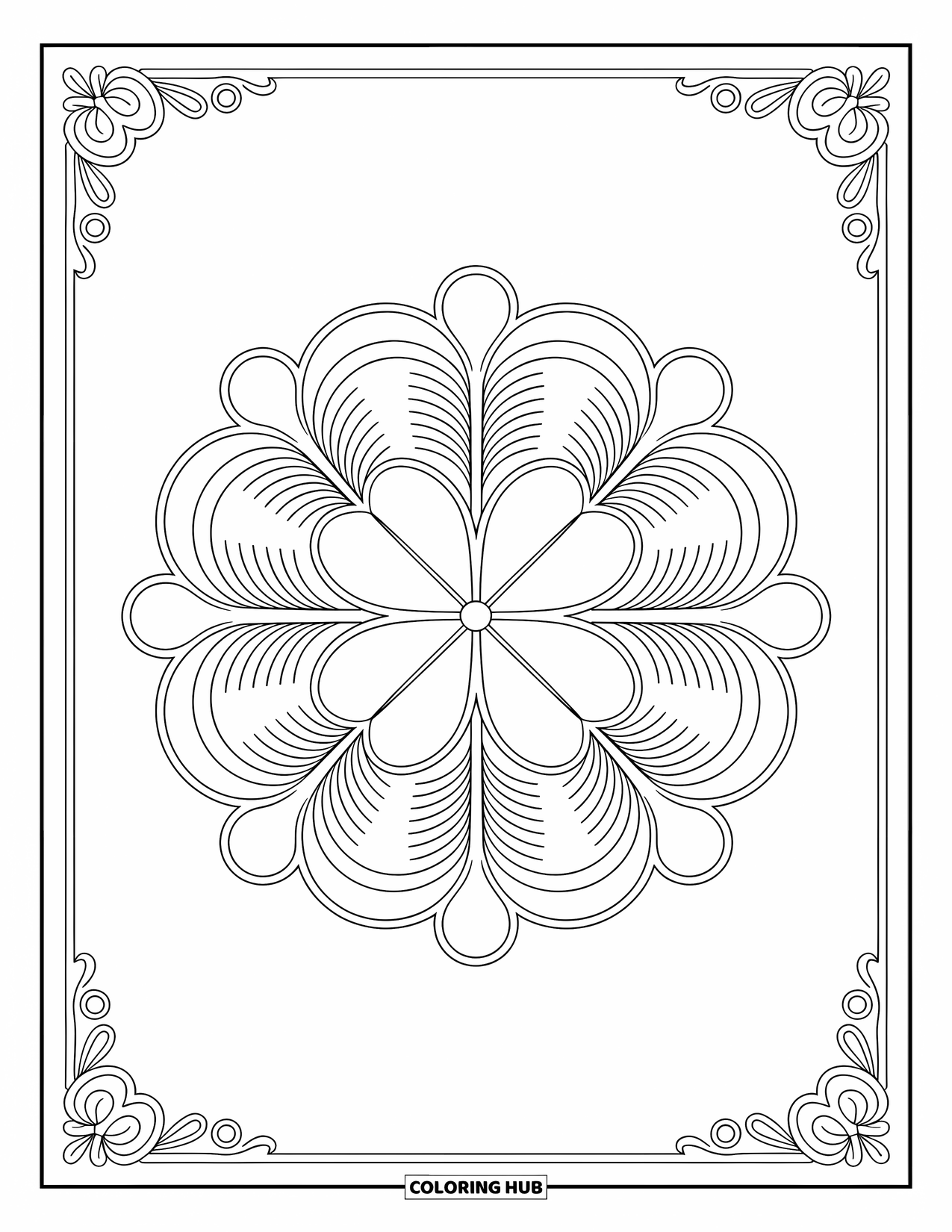 Klavertjevier Kleurplaat voor Volwassenen: Een mandala met een klaver centrum en gedetailleerde randen