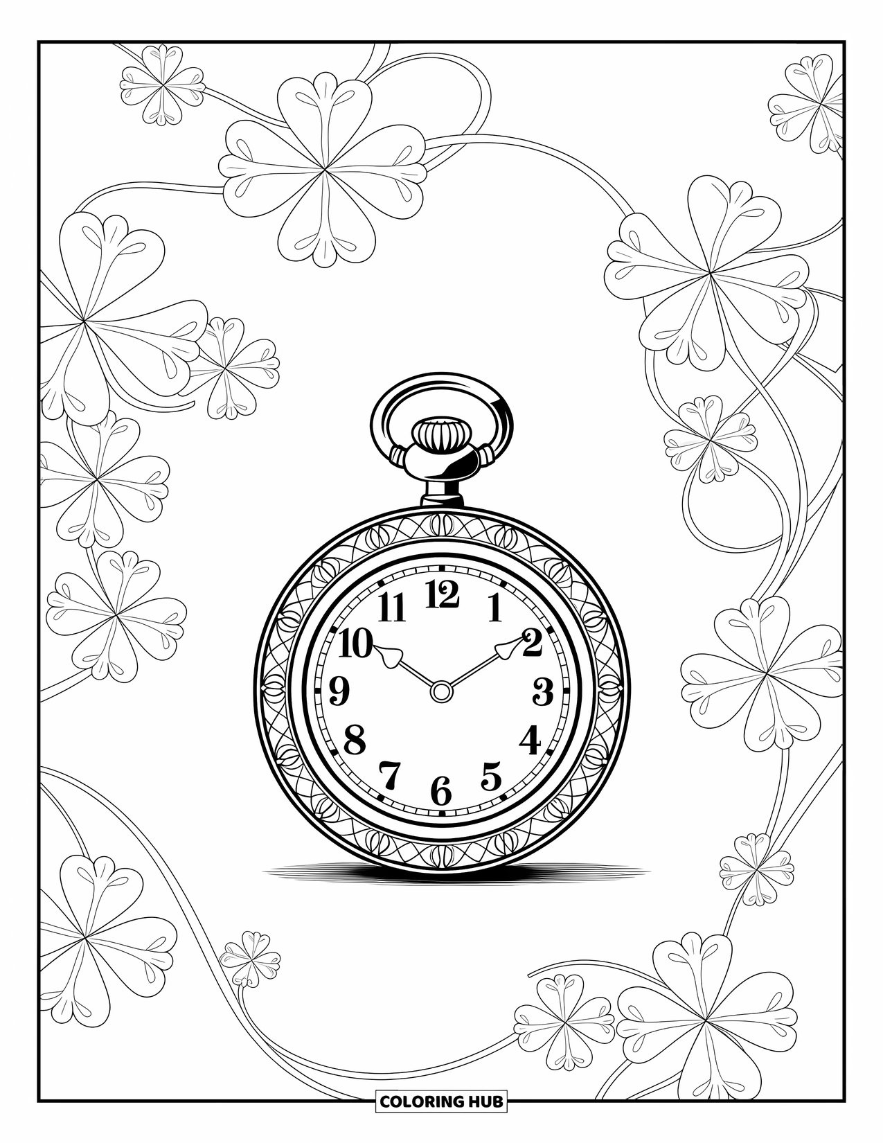 Klavertjevier Kleurplaat voor Volwassenen: Een zakhorloge met klavers en ingewikkelde filigraan patronen