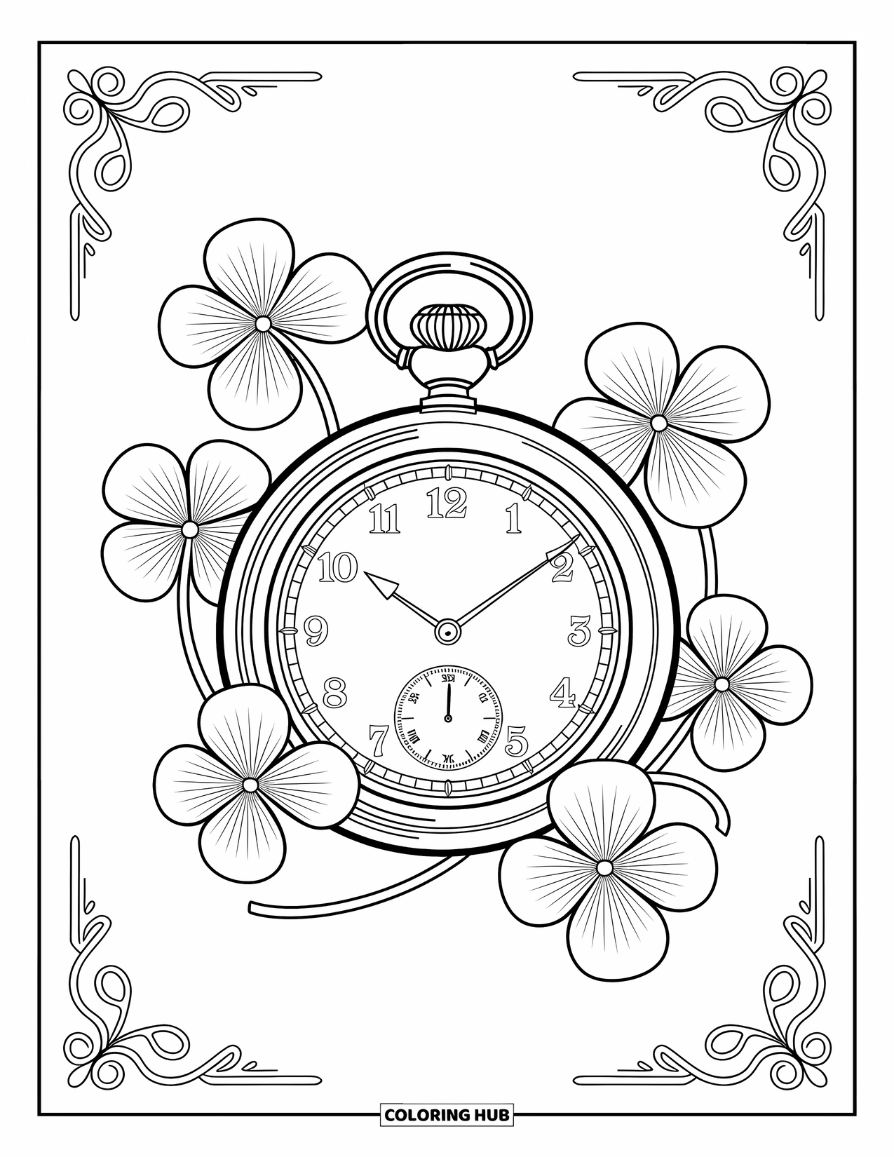 Klavertjevier Kleurplaat voor Volwassenen: Een zakhorloge met klavers en wervelende motieven