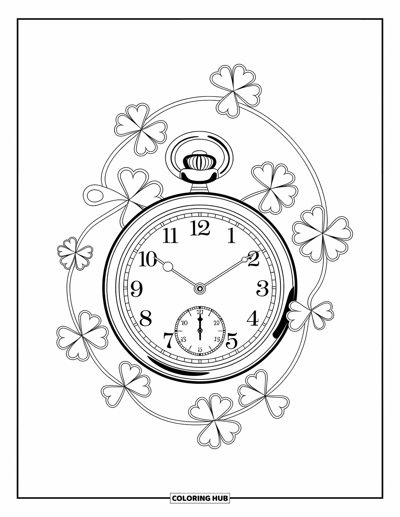 Klavertjevier Kleurplaat voor Volwassenen: Een zakhorloge met klavers eromheen verweven