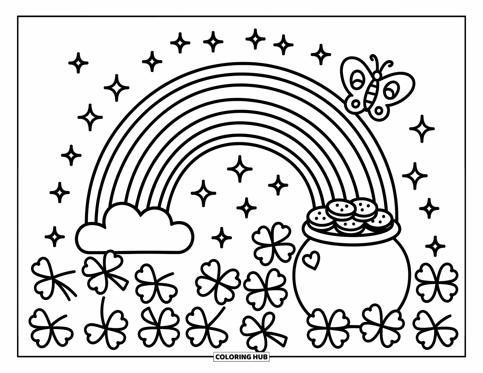 Klavertjevier Kleurplaat voor Volwassenen: Een regenboog, klavers en een vlinder met glitters in de lucht