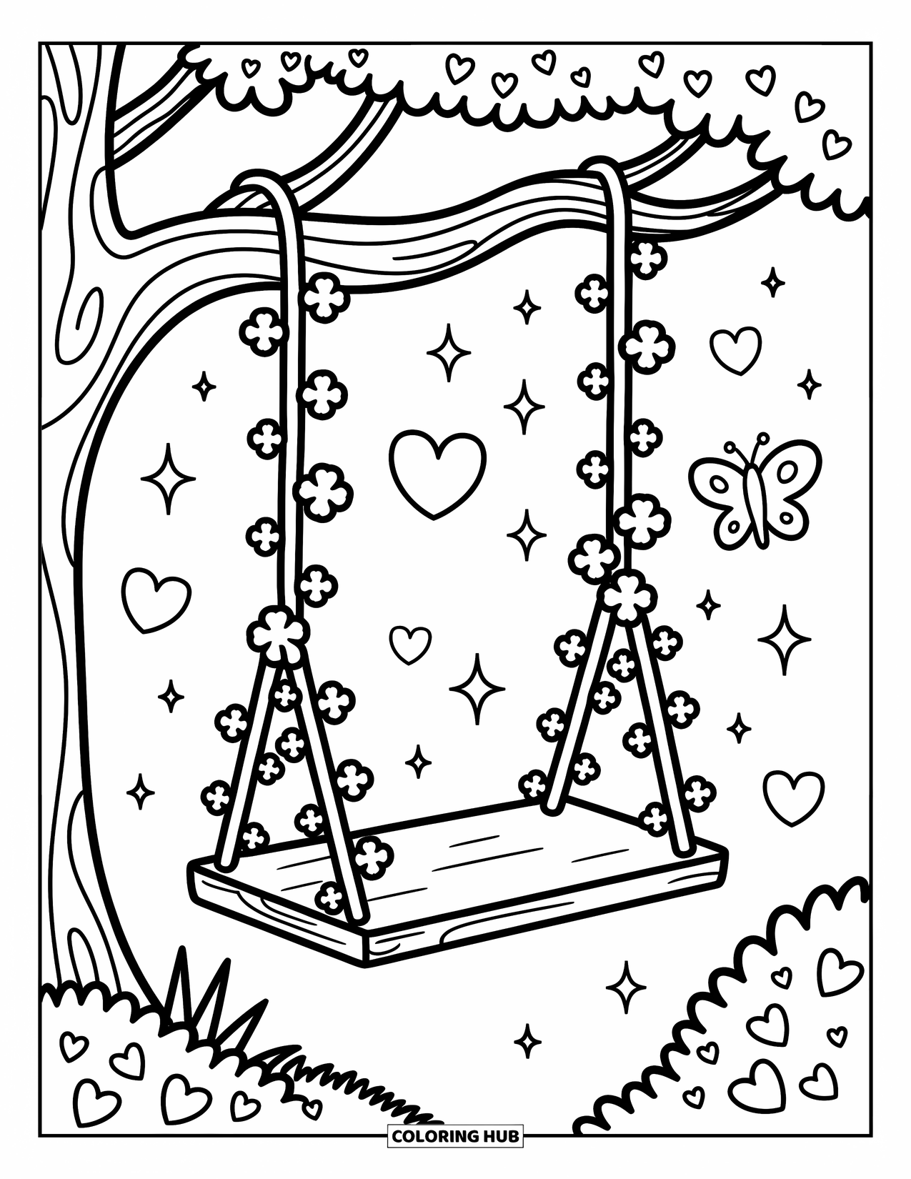Klavertjevier Kleurplaat voor Volwassenen: Een schommel gemaakt van wijnranken en klavers met harten en een vlinder