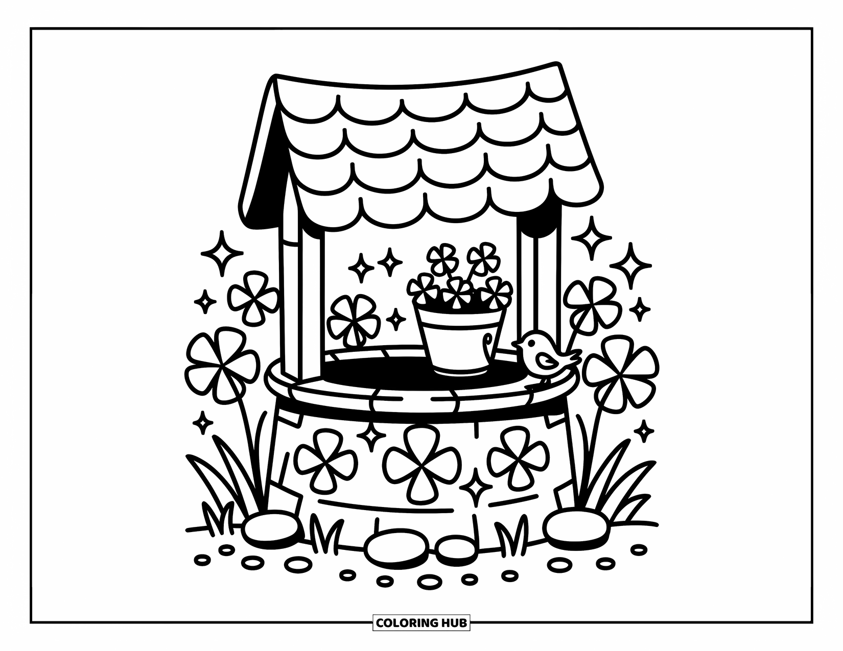 Klavertjevier Kleurplaat voor Volwassenen: Een put met klaver snijwerk, stenen en een klein vogeltje