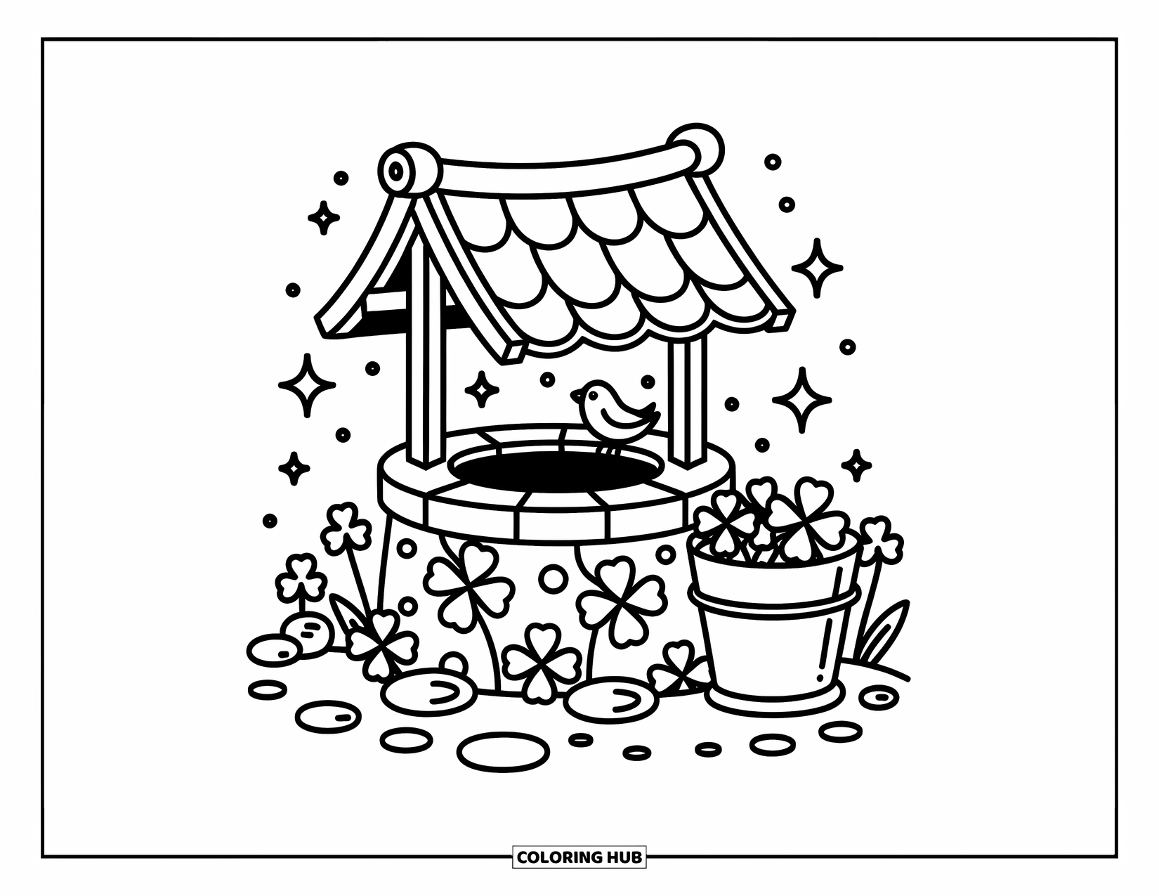 Klavertjevier Kleurplaat voor Volwassenen: Een put met klaver snijwerk, stenen, bloemen en een vogel